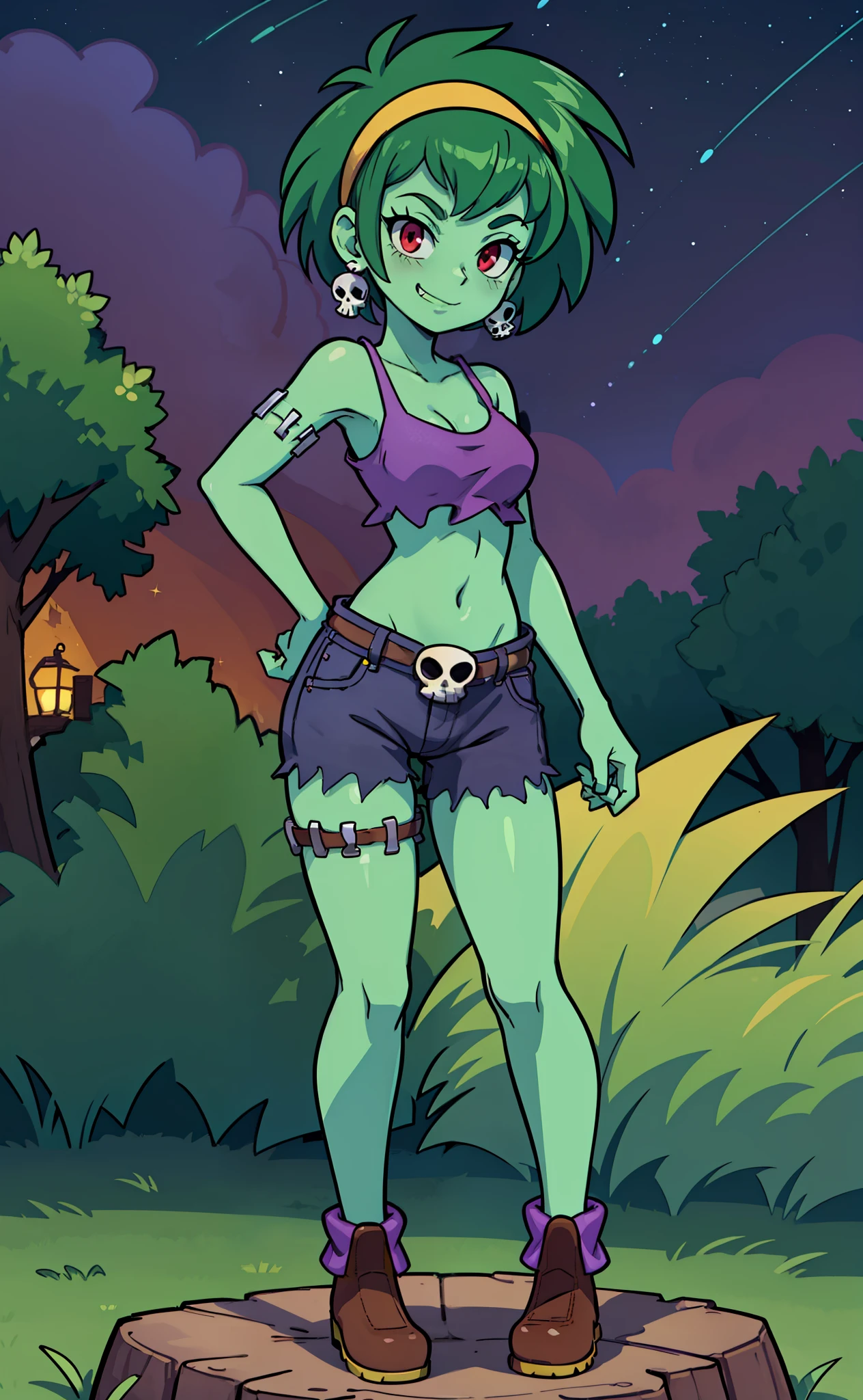 [rottytops], ((masterpiece)), ((HD)), ((highres)), ((detailed shading)), ((solo portrait)), ((full body)), ((front view)), ((feet visible)), ((anime)), ((beautiful render art)), ((intricate details)), {(slim body), green skin, short green hair, (cute red eyes), (short eyelashes), (beautiful legs), (smug grin)}, {(purple torn tank top), (midriff), (purple ripped jean shorts), (brown platform boots), (yellow hairband), (skull earrings), (skull belt buckle)}, {(Standing), (looking at viewer)}, [background; (dark forest), (starry sky), (tree log), (ambient lighting)]