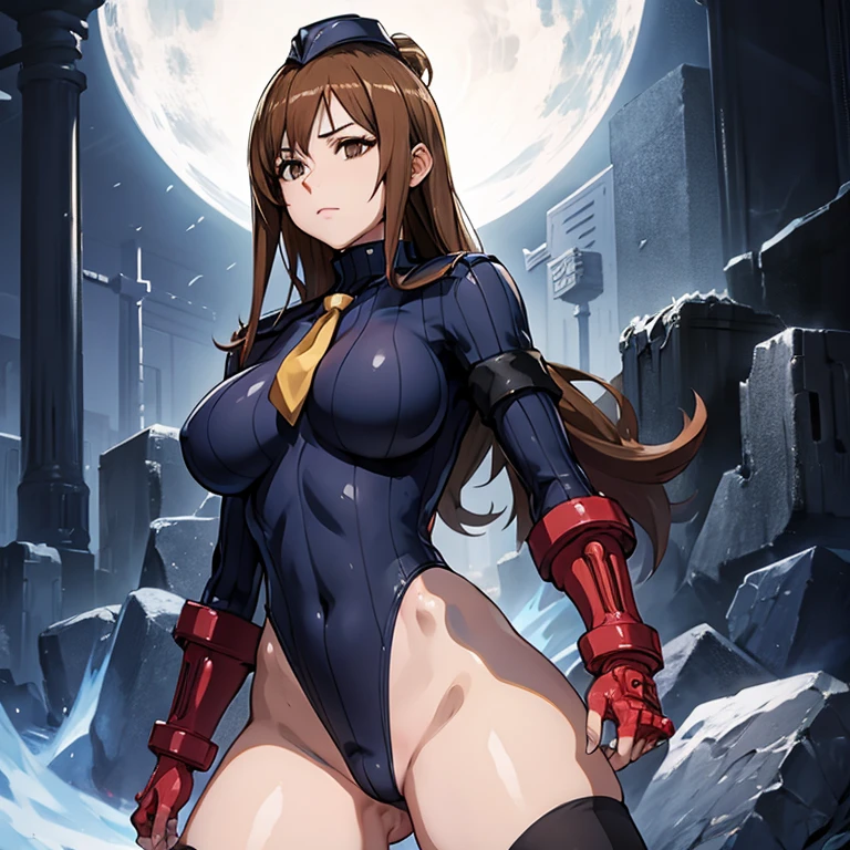 ultra-detailed, Explicit, Beautiful body, Beautiful Nose, Beautiful character design, perfect eyes, perfect face, ultra highres, 4K, beautiful legs, perfect legs, Nice hands, Perfect hand, Masterpiece, Best Quality, Highly detailed, illustration, absurdres, street fighter, doll suit, shadaloo doll, dollsuit, expressionless, blank eyes, looking at viewer, red gloves, emotionless, black latex, corrution, mind control, female combatant, full body, hypnotized, unhappy trance, full body suit, ribbed bodysuit, both arms at side, obey, perfect female body, extremely glossy latex, hypnosis, hypnoLora, empty eyes, Mind control device, poses, submissive_pose, Slave, hat, necktie, stand up straight, standing, standing at attention, hat, necktie, belt, latex, ribbed bodysuit, thighhighs, garter belt, Fighting Stance, extending the right arm from the shoulder into the air with a straightened hand, nazi saluting, military, military saluting, salute, thigh boots, 1girl, konosuba, brown eyes, wiz, brown hair, long hair, large breast