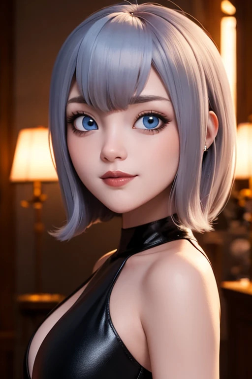 3D Digital Art Masterpiece, cute girl with asymmetrical face, blue eyes white skin eyeliner, slim full body 2d hair short bob style with bangs, dark makeup,  perfect detailing on hands and body, full HD image portrayed full body 