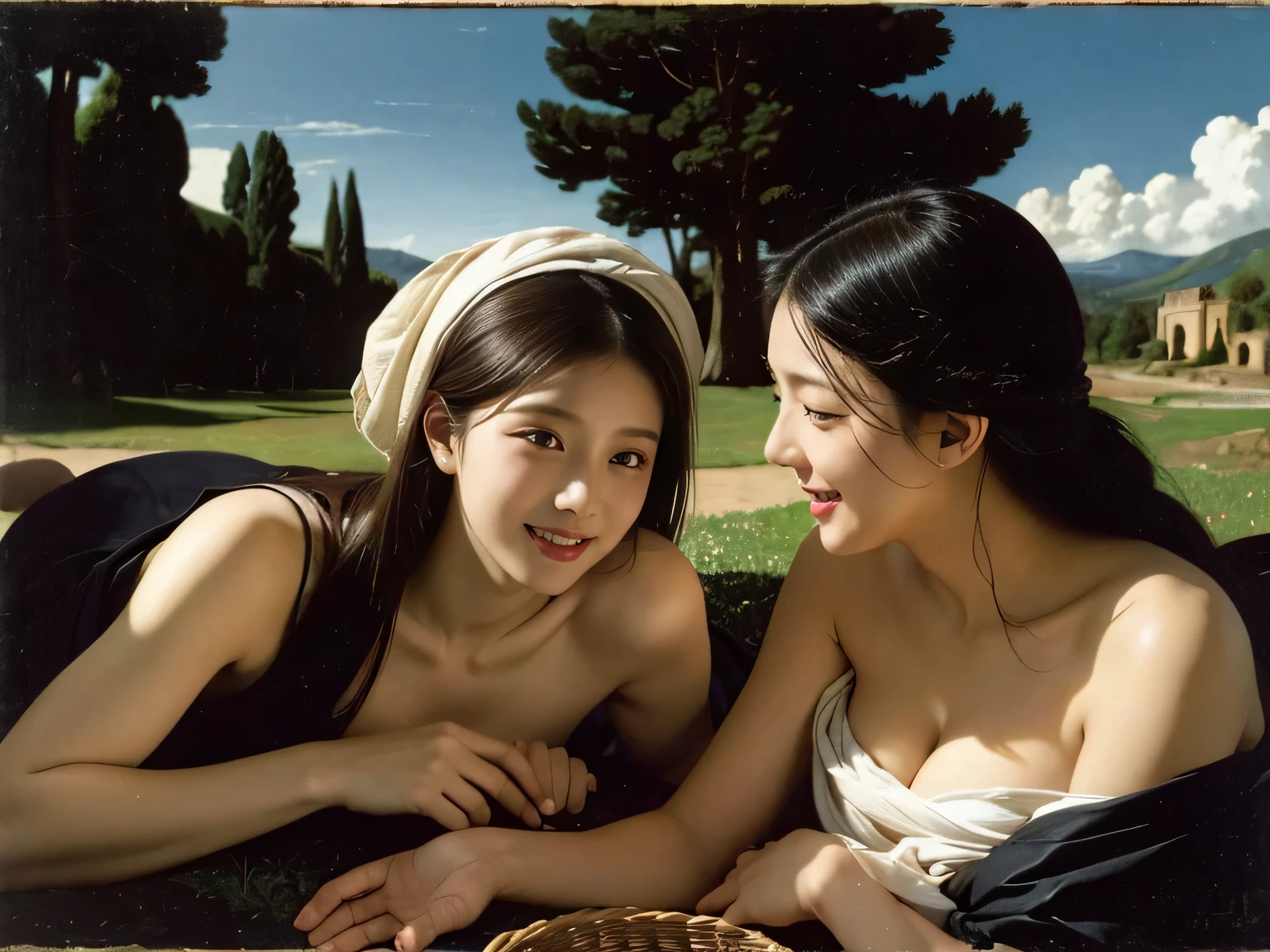 Ancient Roman landscape in the style of Nicolas Poussin,laughter,,Sweet and seductive appearance.、Caravaggio's paintings、Chiaroscuro of Caravaggio、hair tousled by the wind,Two women frolicking,cute smile, expression of ecstasy,Sexy,erotic