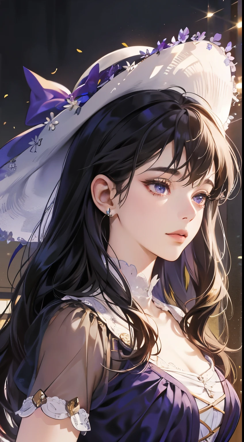 masterpiece, best quality, realistic, 1woman, mature female, beautiful, 25 years old, extremely detailed face, ((dark purple eyes)), ((long front bang dark black twist hair)), [thin eyebrows], citizen, ((Dressed in a purple dress)), cinematic lighting, posture dynamics, Victorian era,