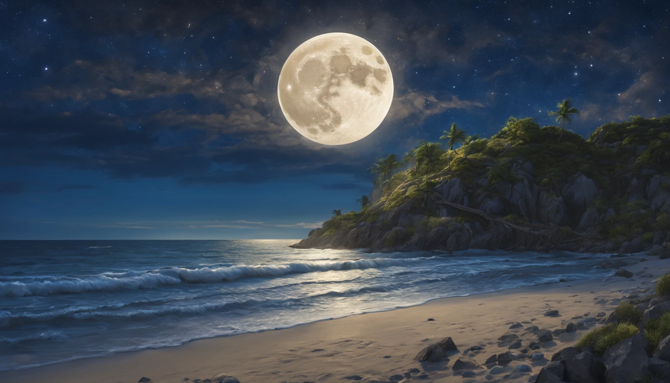 Seascape, Beach, starrysky, Moonlit, Dantasia Island, Ethereal, Highly detailed, (Best Quality, 4K), (Starlight:1.3) (fullmoon:1.2)