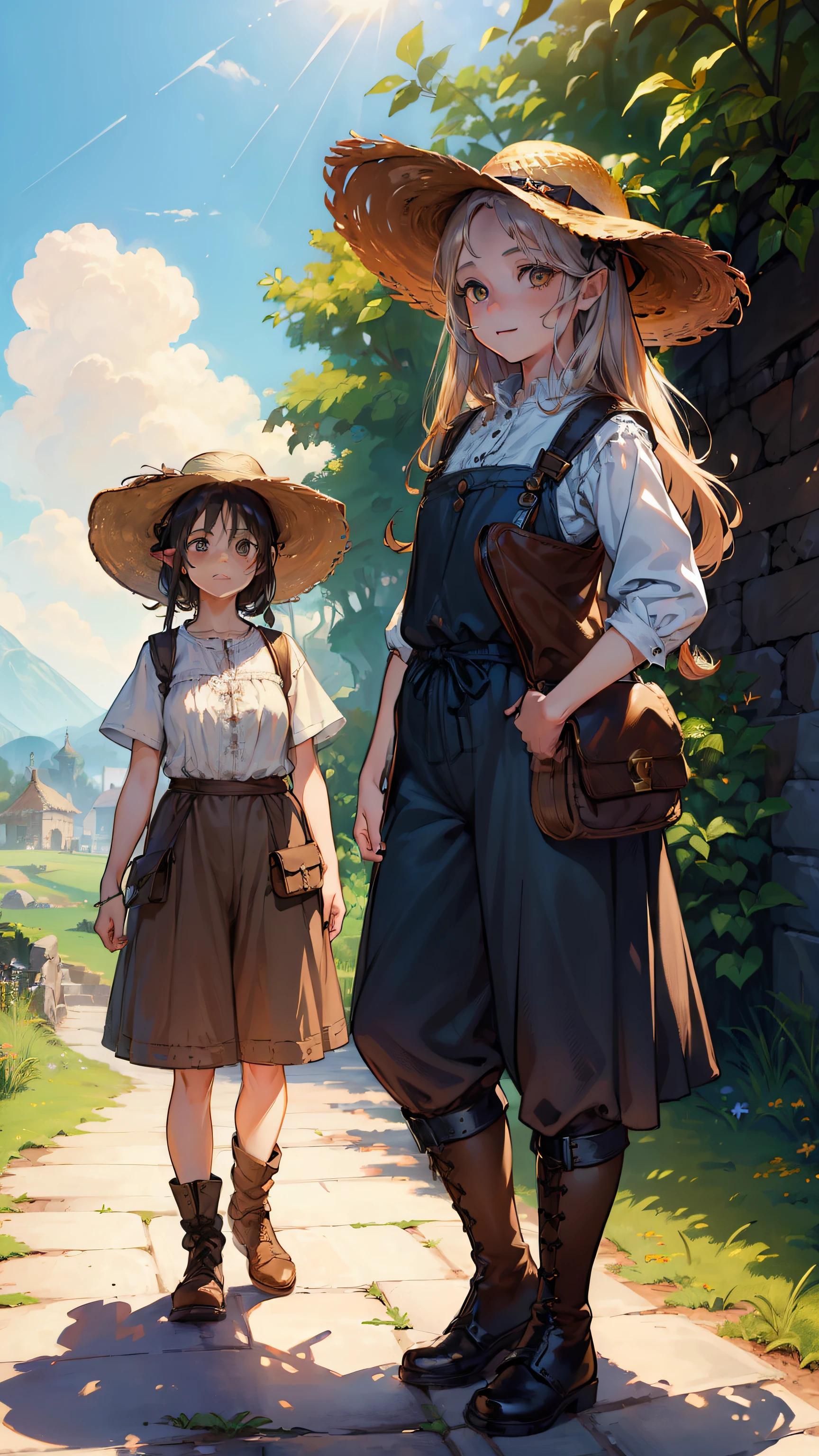 (((((2girls))))), (((twins))), masutepiece, ultra-detailliert, 8K Portrait, Raw photo, portrait photo of a female, Full body, Highly detailed face, ((Fantasy)), (((The Hobbitt))), ((年轻)), Smile, 15yo student, 110 cm, ((White skin)), light brown and dark brown short wavy hair, (((Overall))), Overalls, High Cut Leather Boots, (((a straw fedora hat))), (((little waist hip pouch))), (((Holding a wand))), Dynamic Pose, Midday Sun, Hyper realistic, Slender body, on the medieval road, Ambient lighting, Shadow details, Camera focus on face, strong breeze, Light fog