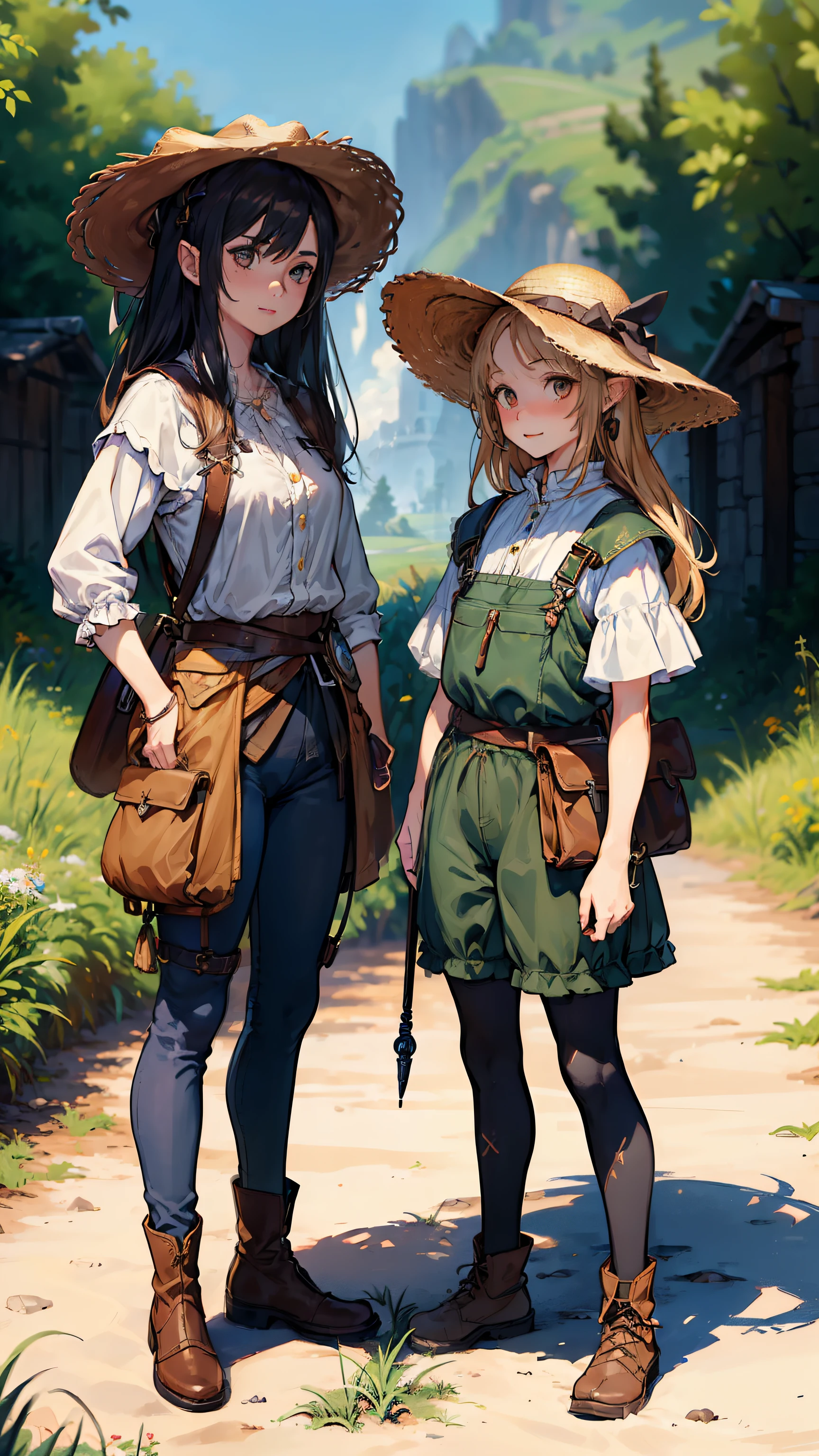(((((2girls))))), (((twins))), masutepiece, ultra-detailliert, 8K Portrait, Raw photo, portrait photo of a female, Full body, Highly detailed face, ((Fantasy)), (((The Hobbitt))), ((年轻)), Smile, student, 110 cm, ((White skin)), light brown and dark brown short wavy hair, (((Overall))), Overalls, High Cut Leather Boots, (((a straw fedora hat))), (((little waist hip pouch))), (((Holding a wand))), Dynamic Pose, Midday Sun, Hyper realistic, Slender body, on the medieval road, Ambient lighting, Shadow details, Camera focus on face, strong breeze, Light fog