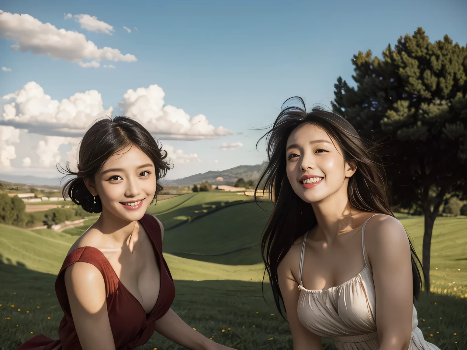 Ancient Roman landscape in the style of Poussin,A smile,,Sweet and seductive appearance.、Caravaggio's paintings、Chiaroscuro of Caravaggio、Hair disheveled in the wind,Two women frolicking,Cute smile, Expression of ecstasy,A sexy,erotick