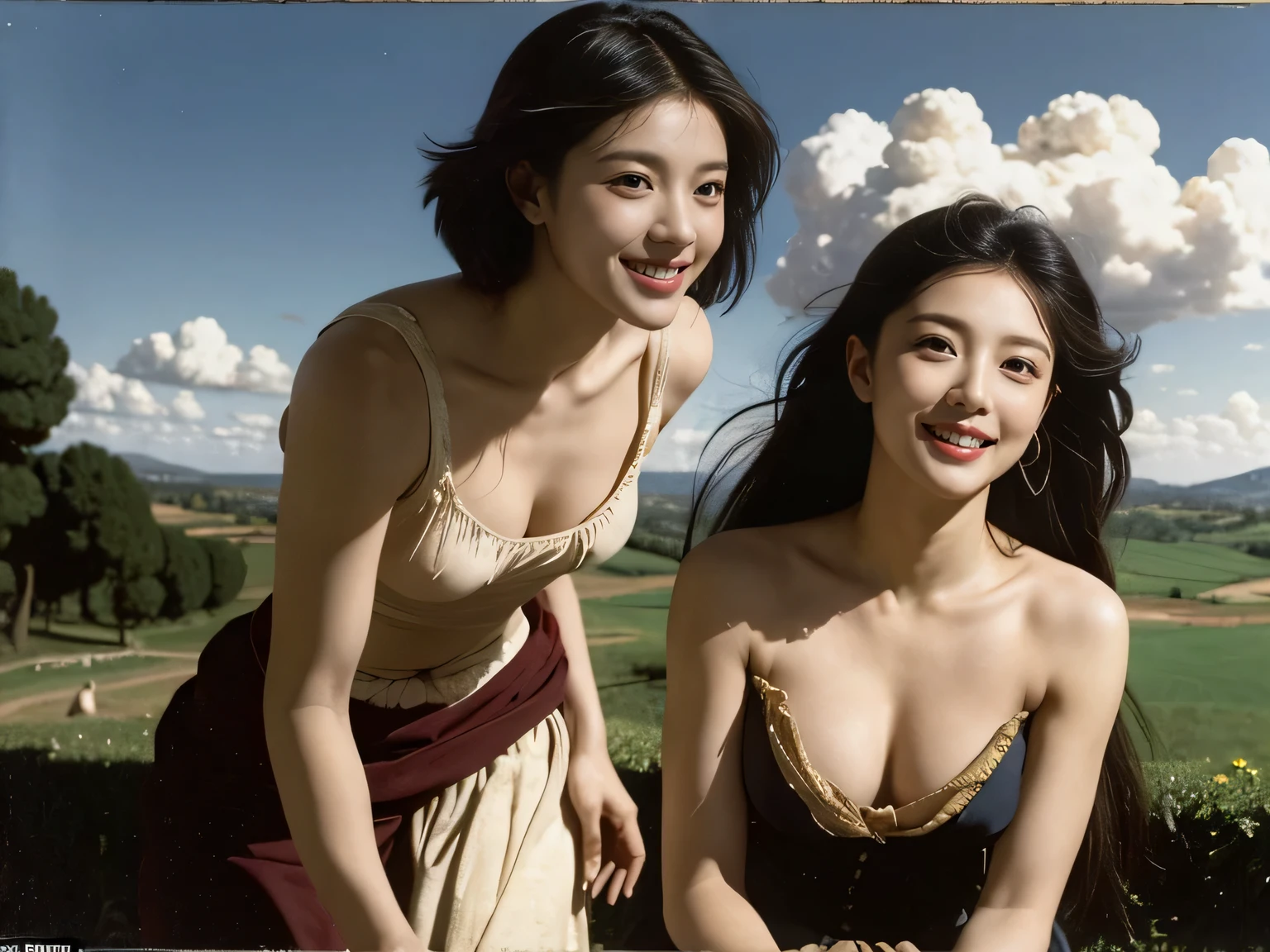 Ancient Roman landscape in the style of Poussin,A smile,,Sweet and seductive appearance.、Caravaggio's paintings、Chiaroscuro of Caravaggio、Hair disheveled in the wind,Two women frolicking,Cute smile, Expression of ecstasy,A sexy,erotick