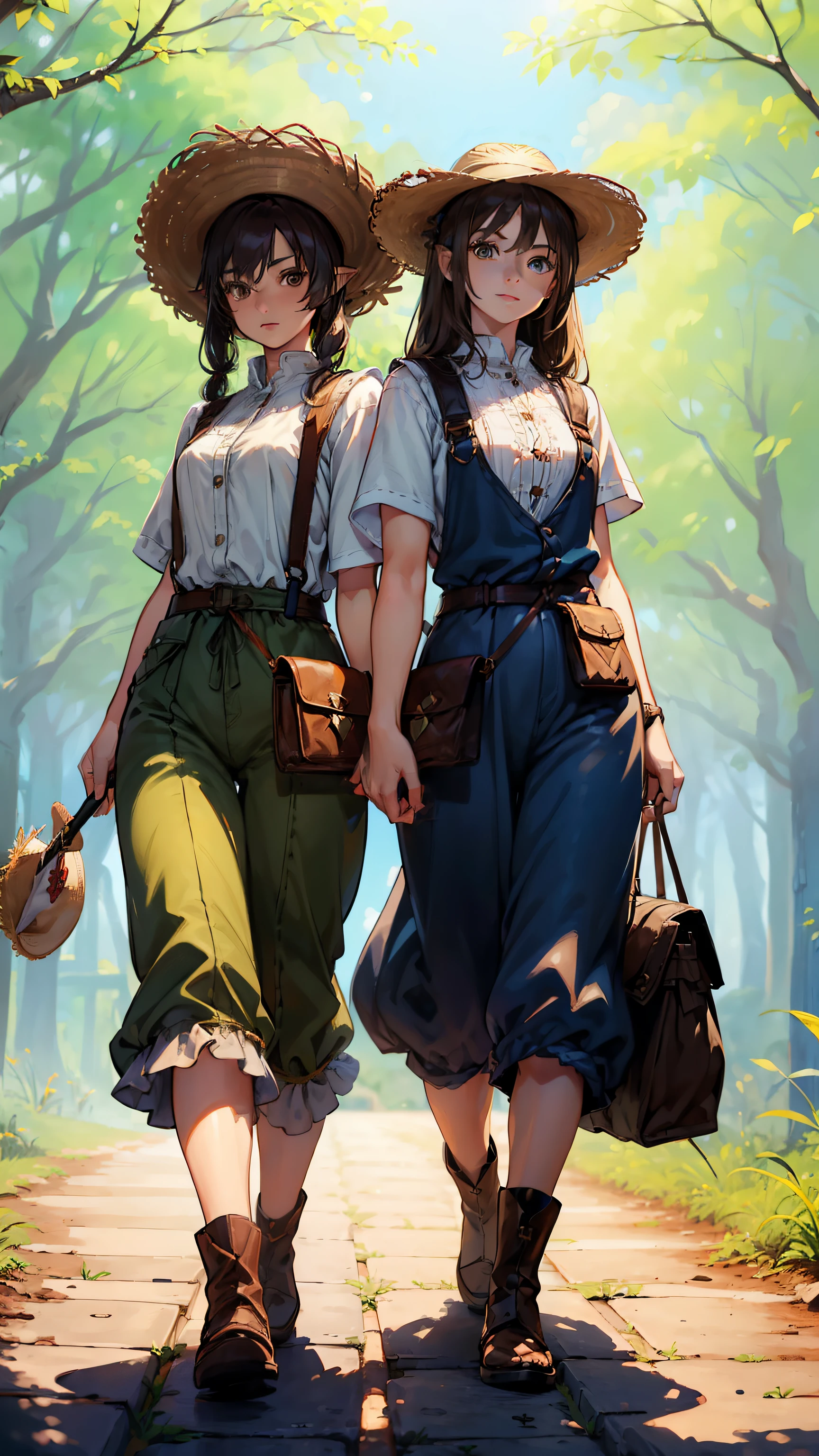 (((((2girls))))), (((((twins))))), masutepiece, ultra-detailliert, 8K Portrait, Raw photo, portrait photo of a female, Full body, Highly detailed face, ((Fantasy)), (((The Hobbitt))), ((Young cute)), Smile, , 110 cm, ((White skin)), light brown and dark brown short wavy hair, (((Overall))), Overalls, High Cut Leather Boots, (((a straw fedora hat))), (((little waist hip pouch))), (((Holding a wand))), Dynamic Pose, Midday Sun, Hyper realistic, Slender body, on the medieval road, Ambient lighting, Shadow details, Camera focus on face, strong breeze, Light fog