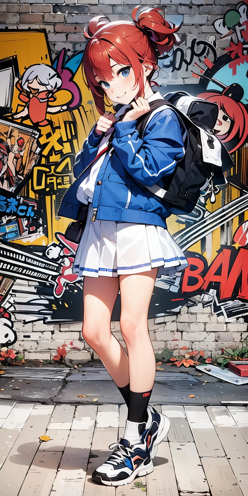 there is a woman in a blue jacket and white skirt posing, kantai collection style, school girl, anime style mixed with fujifilm, anime style only, ecchi style, japanese school uniform, anime style, japanese girl school uniform, a hyperrealistic schoolgirl, beautiful anime high school girl, aya takano color style, style anime, japanese street fashion, (blue eyes), eyes detail,((red hair)),little smile,2 tied up