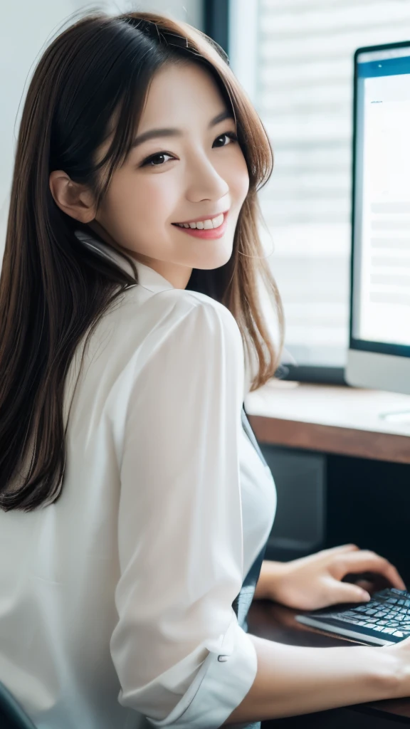 (8K、Raw photography、top-quality、​masterpiece:1.2)、The ultra-detailliert、Hyper-Resolution、(realisitic、realisiticな写真:1.37)、portlate、High detail RAW color photos、professional photograpy、highly detailed and beautiful、ighly detailed、8k wallpaper、Amazingly detailed、huge filesize、Official art、the Extremely Detailed CG Unity 8K Wallpapers、ighly detailedな綺麗な女の子、ighly detailedな顔、ighly detailedな目、ighly detailedな肌、 ighly detailedな指、ighly detailed nose、ighly detailedな口、large full breasts、Uphair、perfect anatomia、ighly detailed back ground、ighly detailedな服、((1 girl in))、(business outfit:1.2)、open office shirt、gazing at viewer、 (Computer on stylish office desk)、A smile、Laugh、Natural light