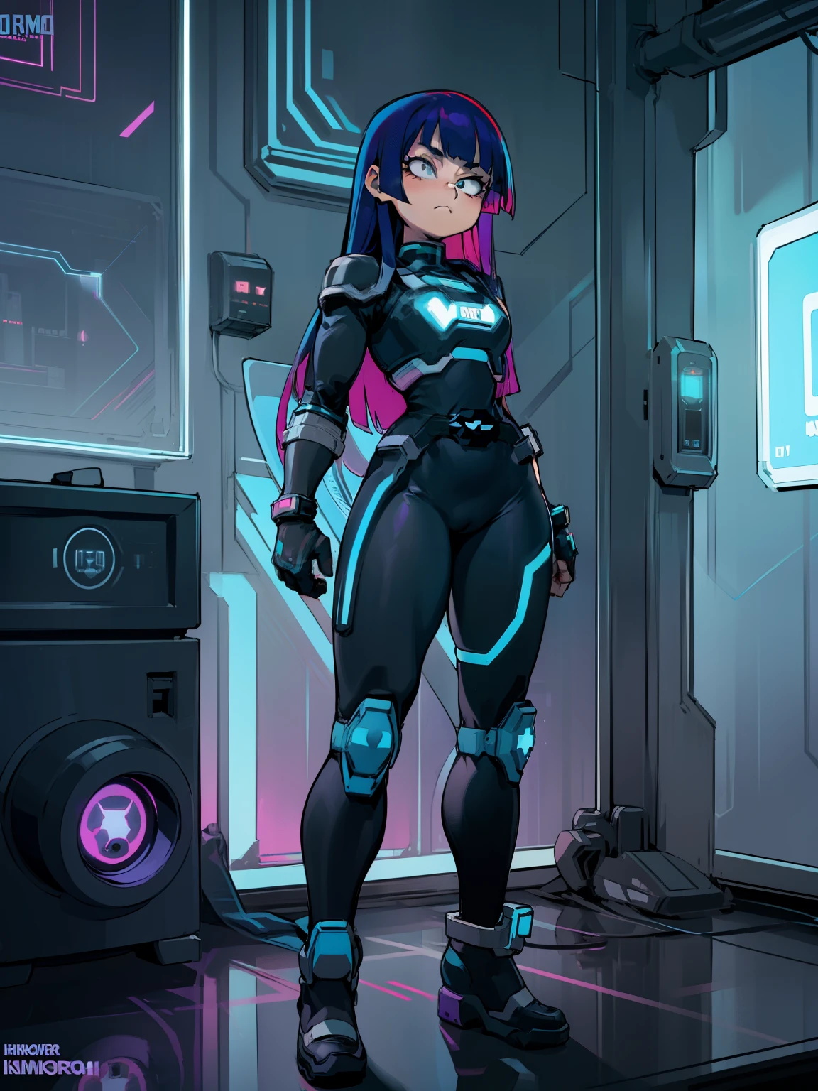 (((My Hero Academia Style))), 1girl, Female, Miko Kubota, Long hair, Violet blue hair with magenta shine, hime cut, light complexion, neon blue eyes, medium breast, long hips, round hips, wide hips, thick thighs, wide thighs, ((TRON Legacy Style)), black tight full body wetsuit, tight wetsuit, black wetsuit, full body wetsuit, tight black wetsuit, tight wetsuit, black wetsuit, Wetsuit, ((Glitch Tech Series Style)), Silver Tech Armor with Neon Blue Light, Silver Shoulder Pads Armor with Neon Blue Light, Silver Bracers Armor with Neon Blue Light, Silver Breastplate Armor with Neon Blue Light, silver knee pad armor with neon blue light, silver knee pad armor with neon blue light, (Full Body Photo: 1.5), Perfect Anatomy, Perfect Hands, super detailed, standing, standing pose, cowboy shot , cowboy shot pose, looking at viewer, neon light in the background, glitch lights in the background, neon glitches in the background,