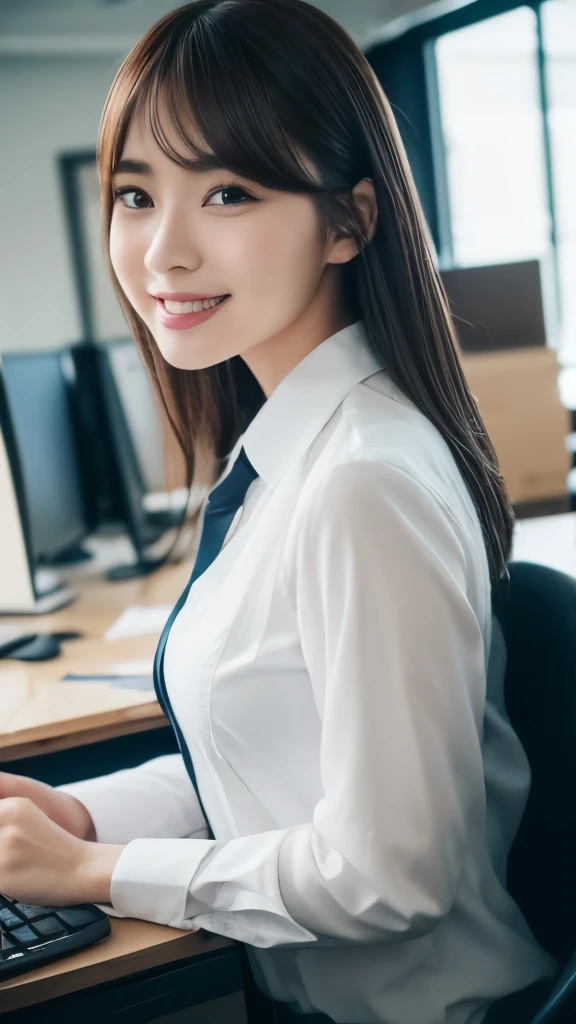 (8K、Raw photography、top-quality、masterpiece:1.2)、The ultra-detailliert、Hyper-Resolution、(realisitic、realisiticな写真:1.37)、portlate、High detail RAW color photos、professional photograpy、highly detailed and beautiful、ighly detailed、8k wallpaper、Amazingly detailed、huge filesize、Official art、the Extremely Detailed CG Unity 8K Wallpapers、ighly detailedな綺麗な女の子、ighly detailedな顔、ighly detailedな目、ighly detailedな肌、 ighly detailedな指、ighly detailed nose、ighly detailedな口、large full breasts、Uphair、perfect anatomia、ighly detailed back ground、ighly detailedな服、((1 girl in))、(business outfit:1.2)、open office shirt、gazing at viewer、 (Computer on stylish office desk)、A smile、Laugh、Natural light