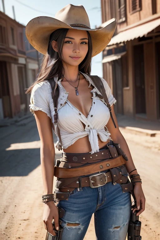 Townscape of the Wild West,the setting sun.Wasteland,Gunslinger Costume,Short leather jacket with open front,Torn and tattered white shirt,Torn and tattered damaged jeans,(Wrap the gun belt around your waist:1.3),(gun holster:1.3),Equipped with a Winchester M73 rifle on her chest,Cowboy Hat,(Generate globally beautiful women images,Especially while reflecting elements of Western beauty,Woman with natural smile and attractive expression,Transparent skin,sparkle in eyes,Expresses an elegant atmosphere,(in 8K, Raw photo, Best Quality, masutepiece),Sunlight ,Cinematic lighting,(Realistic, Photorealsitic),