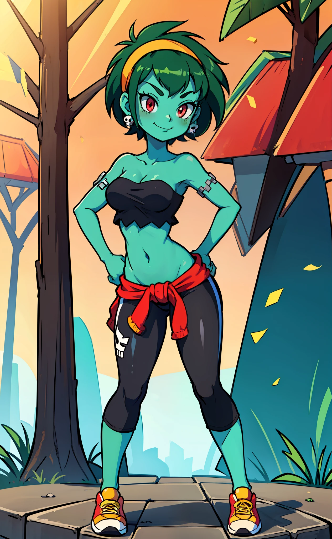 [rottytops], ((masterpiece)), ((HD)), ((highres)), ((detailed shading)), ((solo portrait)), ((full body)), ((front view)), ((feet visible)), ((anime)), ((beautiful render art)), ((intricate details)), {(slim body), green skin, short green hair, (cute red eyes), (short eyelashes), (beautiful legs), (smug grin)}, {(black and white checkered bandeau), (midriff), (black yoga pants), red sweatshirt tied around waist), (yellow sneakers), (yellow hairband), (skull earrings)}, {(Standing), (looking at viewer)}, [background; (raceway), (confetti), (blue sky), (sun rays), (ambient lighting)]