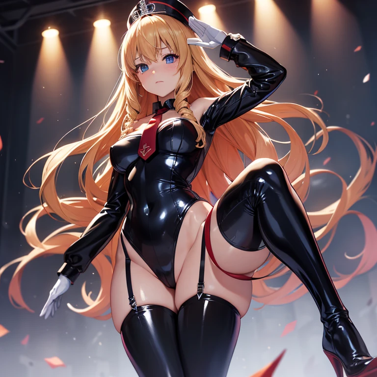 ultra-detailed, Explicit, Beautiful body, Beautiful Nose, Beautiful character design, perfect eyes, perfect face, ultra highres, 4K, beautiful legs, perfect legs, Nice hands, Perfect hand, Masterpiece, Best Quality, Highly detailed, illustration, absurdres, street fighter, doll suit, shadaloo doll, dollsuit, expressionless, blank eyes, looking at viewer, red gloves, emotionless, black latex, corrution, mind control, female combatant, full body, hypnotized, unhappy trance, full body suit, ribbed bodysuit, both arms at side, obey, perfect female body, extremely glossy latex, hypnosis, hypnoLora, empty eyes, Mind control device, poses, submissive_pose, Slave, hat, necktie, stand up straight, standing, standing at attention, hat, necktie, belt, latex, ribbed bodysuit, thighhighs, garter belt, Fighting Stance, extending the right arm from the shoulder into the air with a straightened hand, nazi saluting, military, military saluting, salute, thigh boots, 1girl, Latifa Fleuranza, Amagi Brilliant Park, blonde hair, very long hair, blue hair, tiara