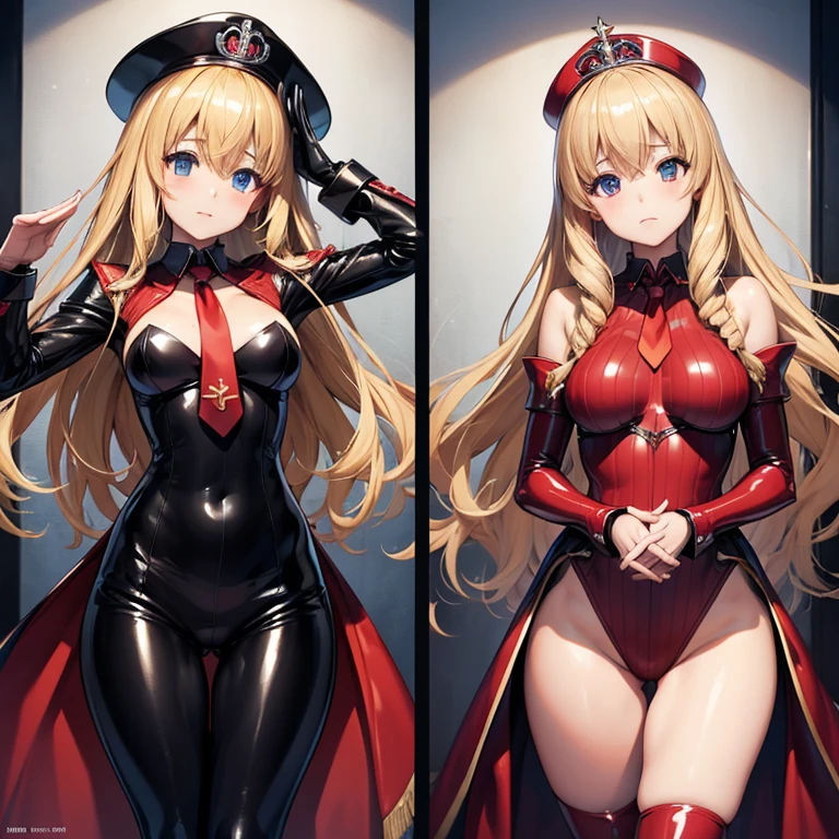 ultra-detailed, Explicit, Beautiful body, Beautiful Nose, Beautiful character design, perfect eyes, perfect face, ultra highres, 4K, beautiful legs, perfect legs, Nice hands, Perfect hand, Masterpiece, Best Quality, Highly detailed, illustration, absurdres, street fighter, doll suit, shadaloo doll, dollsuit, expressionless, blank eyes, looking at viewer, red gloves, emotionless, black latex, corrution, mind control, female combatant, full body, hypnotized, unhappy trance, full body suit, ribbed bodysuit, both arms at side, obey, perfect female body, extremely glossy latex, hypnosis, hypnoLora, empty eyes, Mind control device, poses, submissive_pose, Slave, hat, necktie, stand up straight, standing, standing at attention, hat, necktie, belt, latex, ribbed bodysuit, thighhighs, garter belt, Fighting Stance, extending the right arm from the shoulder into the air with a straightened hand, nazi saluting, military, military saluting, salute, thigh boots, 1girl, Latifa Fleuranza, Amagi Brilliant Park, blonde hair, very long hair, blue hair, tiara