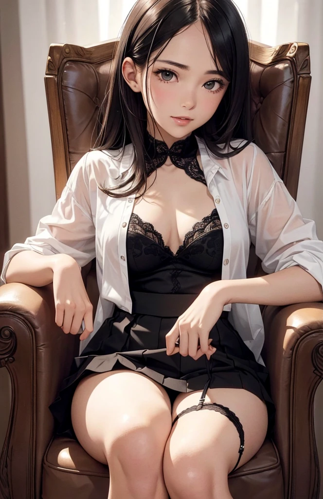 Sitting in an armchair wearing a shirt and skirt,pair,Expose off your underwear, Long stockings, Superskirt, Camel toes, lingerie, medium, (The is very detailed), (The details of the face are perfect), (The details of the face are perfect), (Detailed hands),