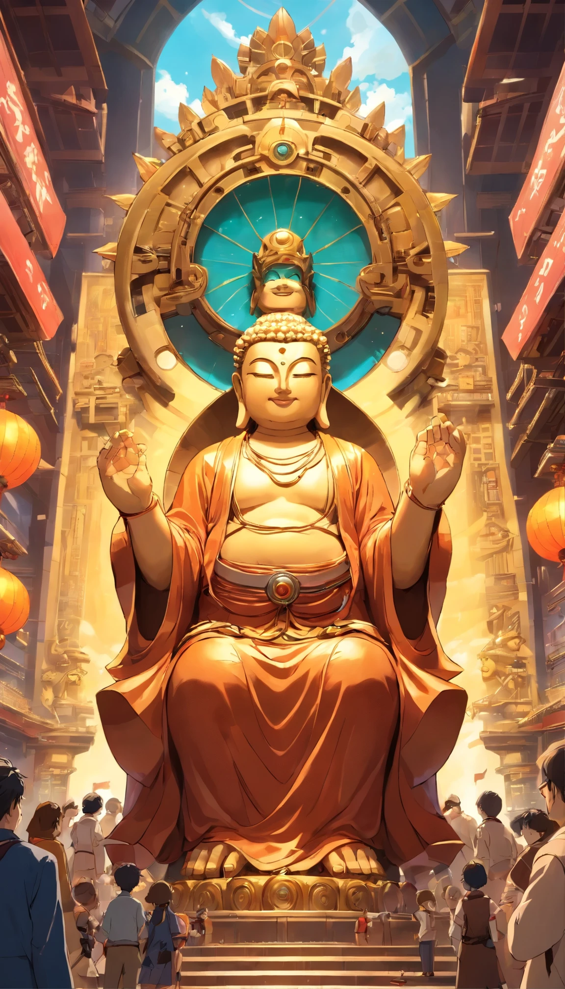 Huge mechanical Buddha statue,Worship the crowd,the bible is shining in the sky,In steampunk style,super-fine,8K,Works of masters,Detailed mechanical depictions,OC Renderer,Ultra photo realsisim