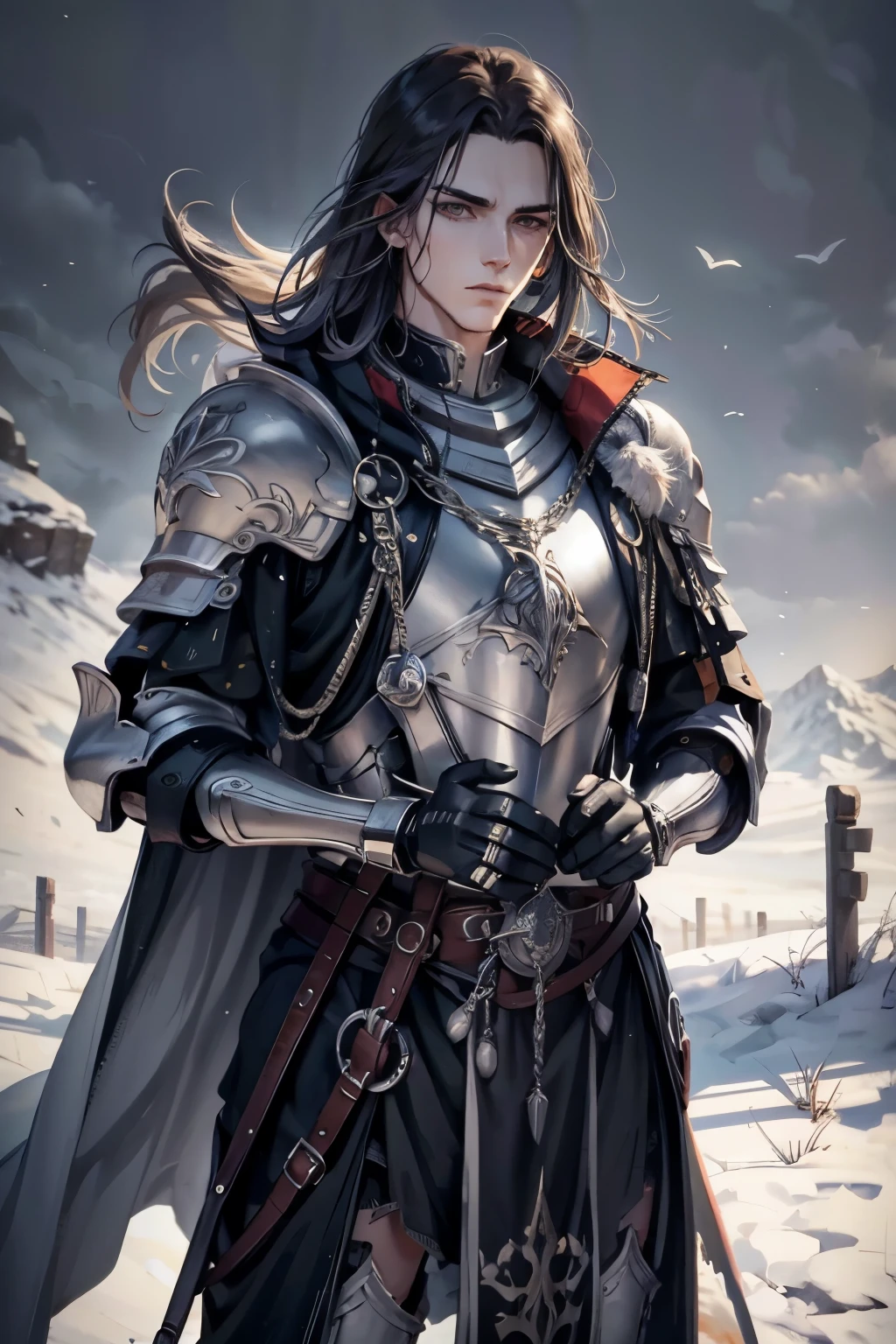 male people, 23years old, tall, the hair: Long black, Handsome, Emotion: apathy, Clothes are: Silver-white armor，without any details, Look directly at the camera, empty handed, white backgrounid, Holding a heavy sword in hand，