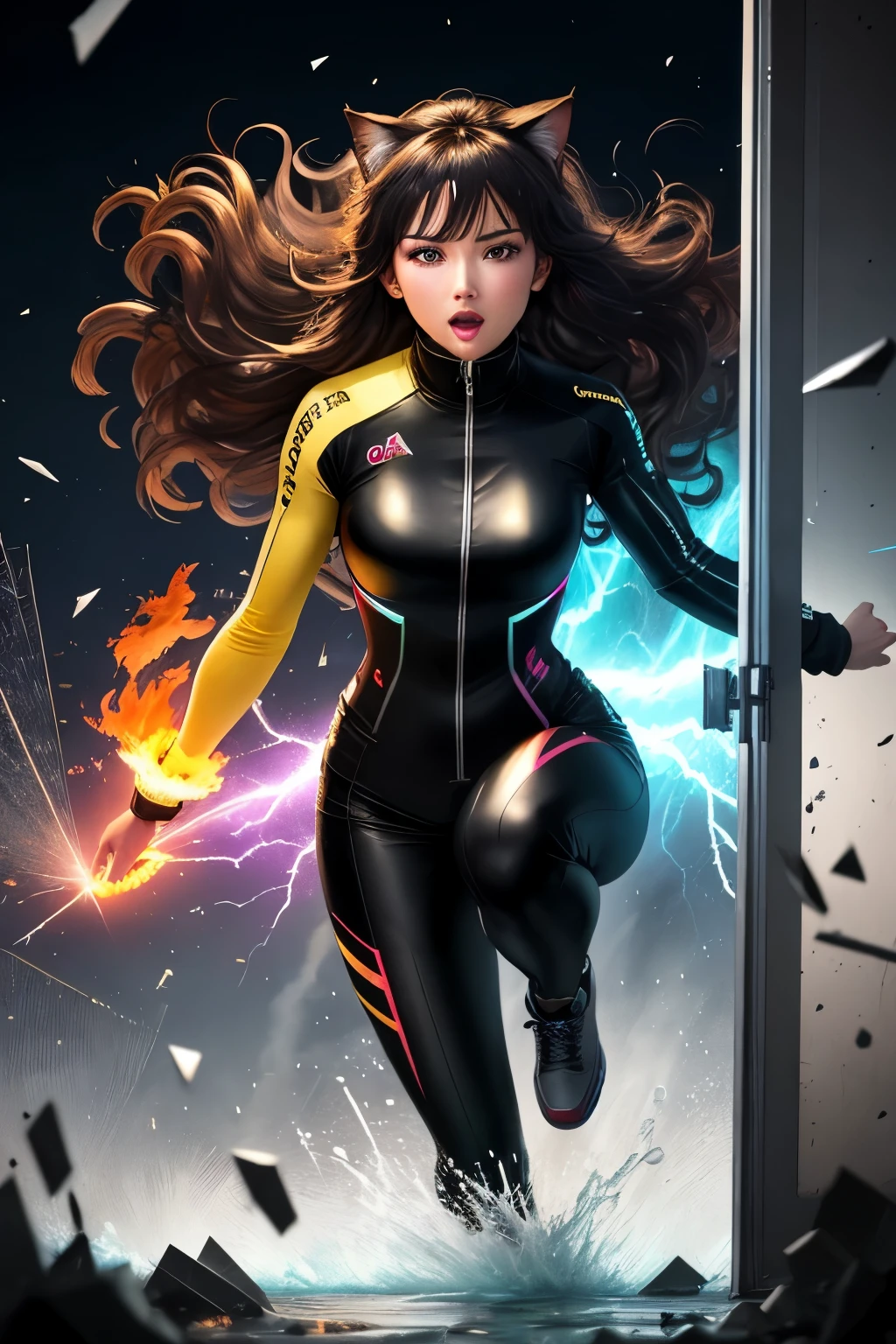 panoramic view of a woman jumping from inside a cell phone screen. She is a beautiful African-American woman with cat ears and glowing golden eyes, tanned skin, long wavy black hair, wearing a black carbon fiber jumpsuit. Its sharp claws extend as it advances. broken screen, shards of glass flying. Bright lights from particles flying in the wind, electricity crackling around her. Lots of water, lightning and flames behind her.