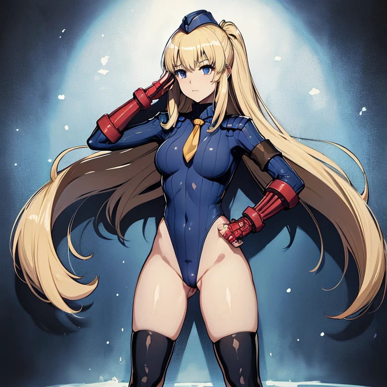 ultra-detailed, Explicit, Beautiful body, Beautiful Nose, Beautiful character design, perfect eyes, perfect face, ultra highres, 4K, beautiful legs, perfect legs, Nice hands, Perfect hand, Masterpiece, Best Quality, Highly detailed, illustration, absurdres, street fighter, doll suit, shadaloo doll, dollsuit, expressionless, blank eyes, looking at viewer, red gloves, emotionless, black latex, corrution, mind control, female combatant, full body, hypnotized, unhappy trance, full body suit, ribbed bodysuit, both arms at side, obey, perfect female body, extremely glossy latex, hypnosis, hypnoLora, empty eyes, Mind control device, poses, submissive_pose, Slave, hat, necktie, stand up straight, standing, standing at attention, hat, necktie, belt, latex, ribbed bodysuit, thighhighs, garter belt, Fighting Stance, extending the right arm from the shoulder into the air with a straightened hand, nazi saluting, military, military saluting, salute, thigh boots, 1girl, Latifa Fleuranza, Amagi Brilliant Park, blonde hair, very long hair, blue hair, tiara