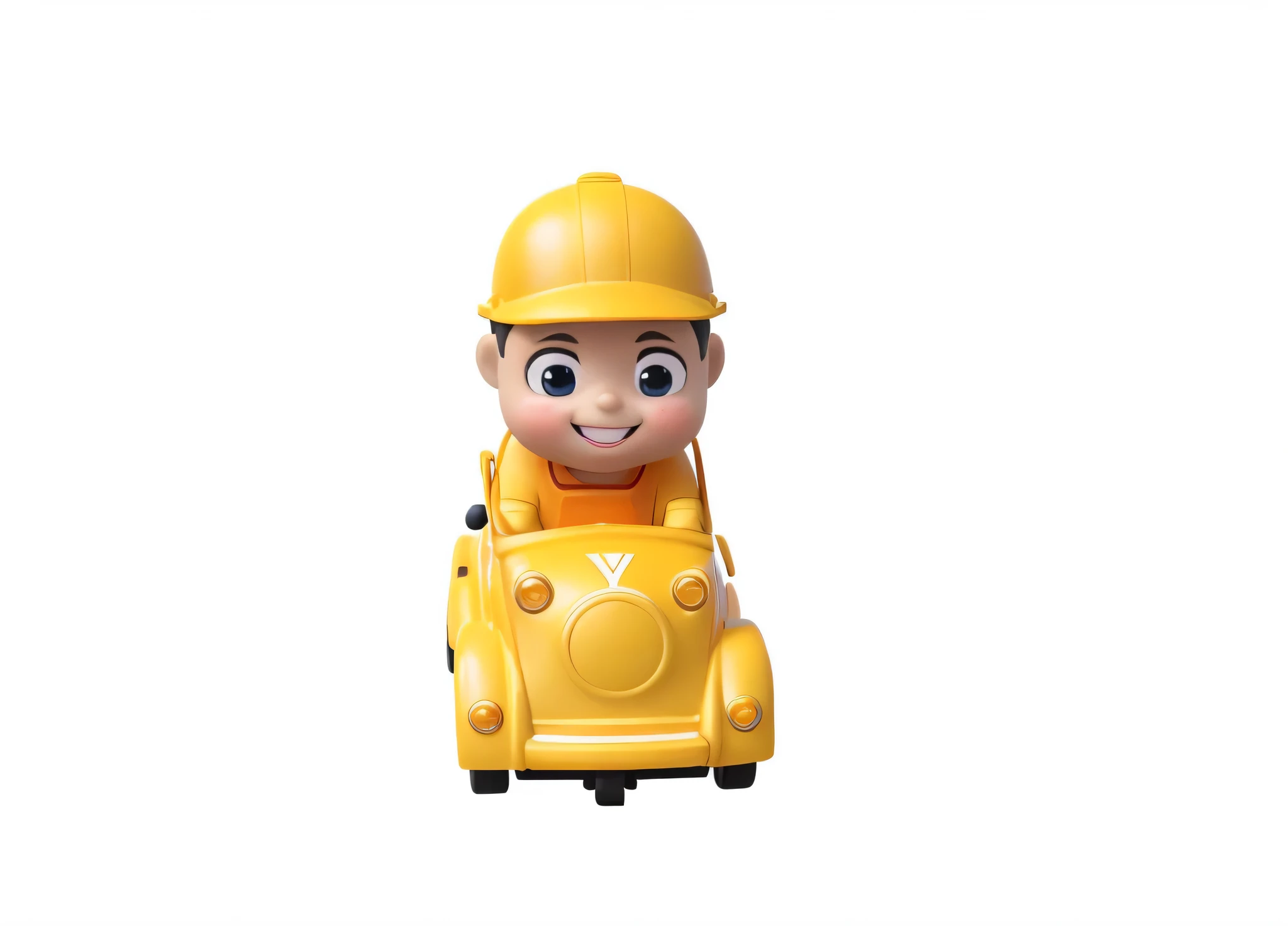 There once was a car，There is a worker on it, toy design, Animated characters, Worker drives small toy car, shelmet, The staff on the bus are laughing，Workers driving cars cheered， 3d character, 3D characters, promotional render, 人物, toy photo, Gamine, toddler, 3d Gamine robot, kids toy, 人物, blippi，4K，8K，hyper HD