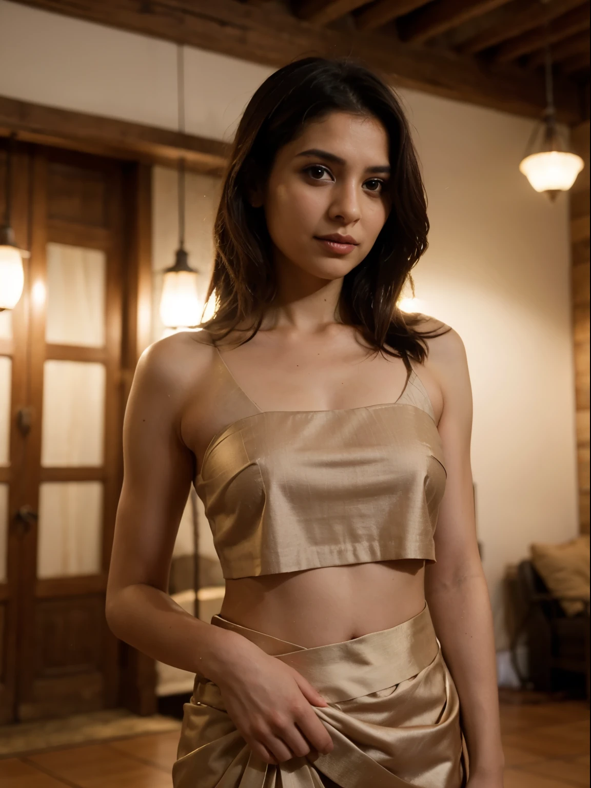 "Generate an image of a woman in her mid-30s, with a realistic and natural appearance, confidently wearing a traditional sari. Ensure the lighting and background capture the cultural richness of the attire while maintaining a lifelike and authentic representation."