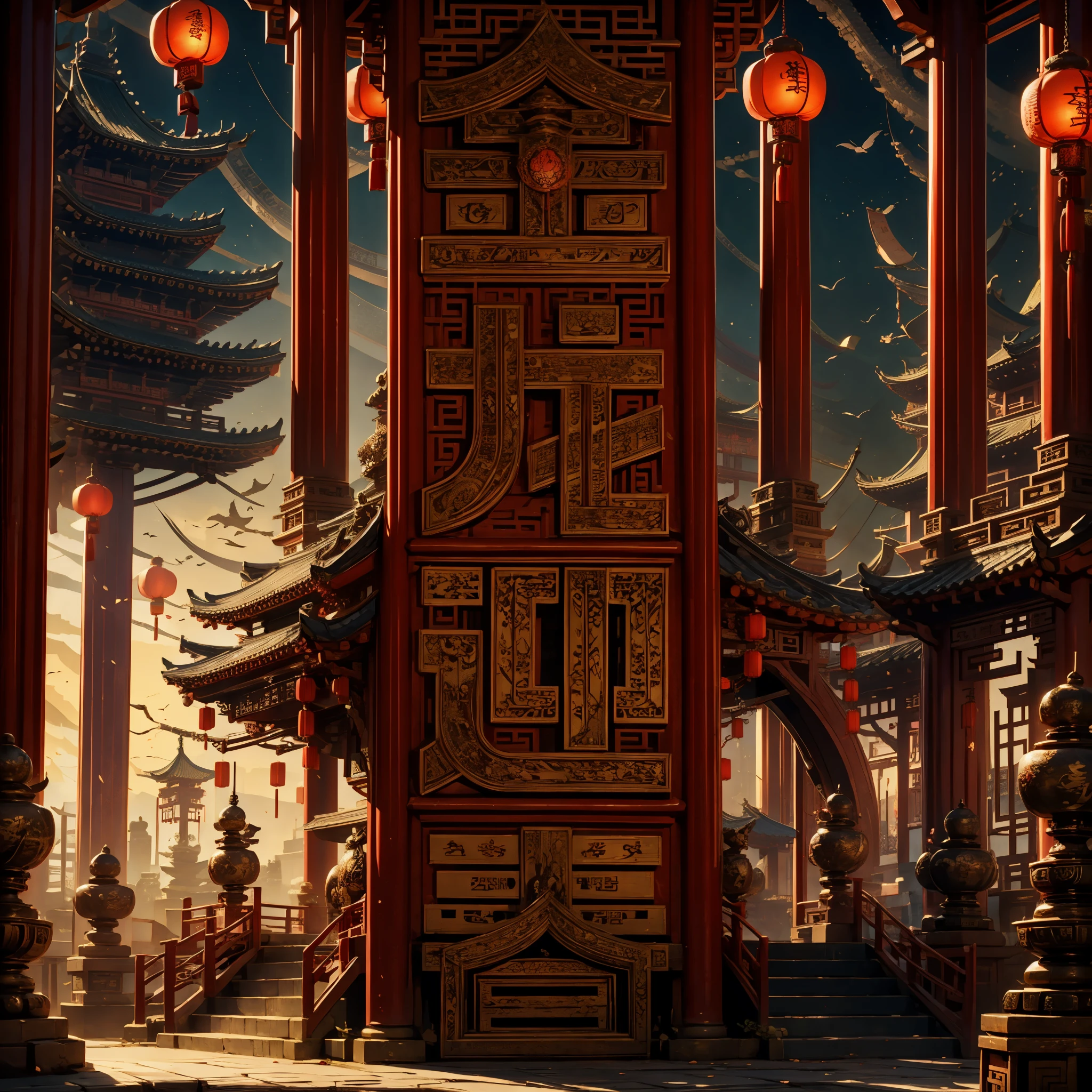 red lantern red lantern，linden trees，a cassock，Chinese style architecture，Chinese motif，totem，tmasterpiece，Rich detail pattern ，tmasterpiece，Best quality，ultra - detailed。sun light
