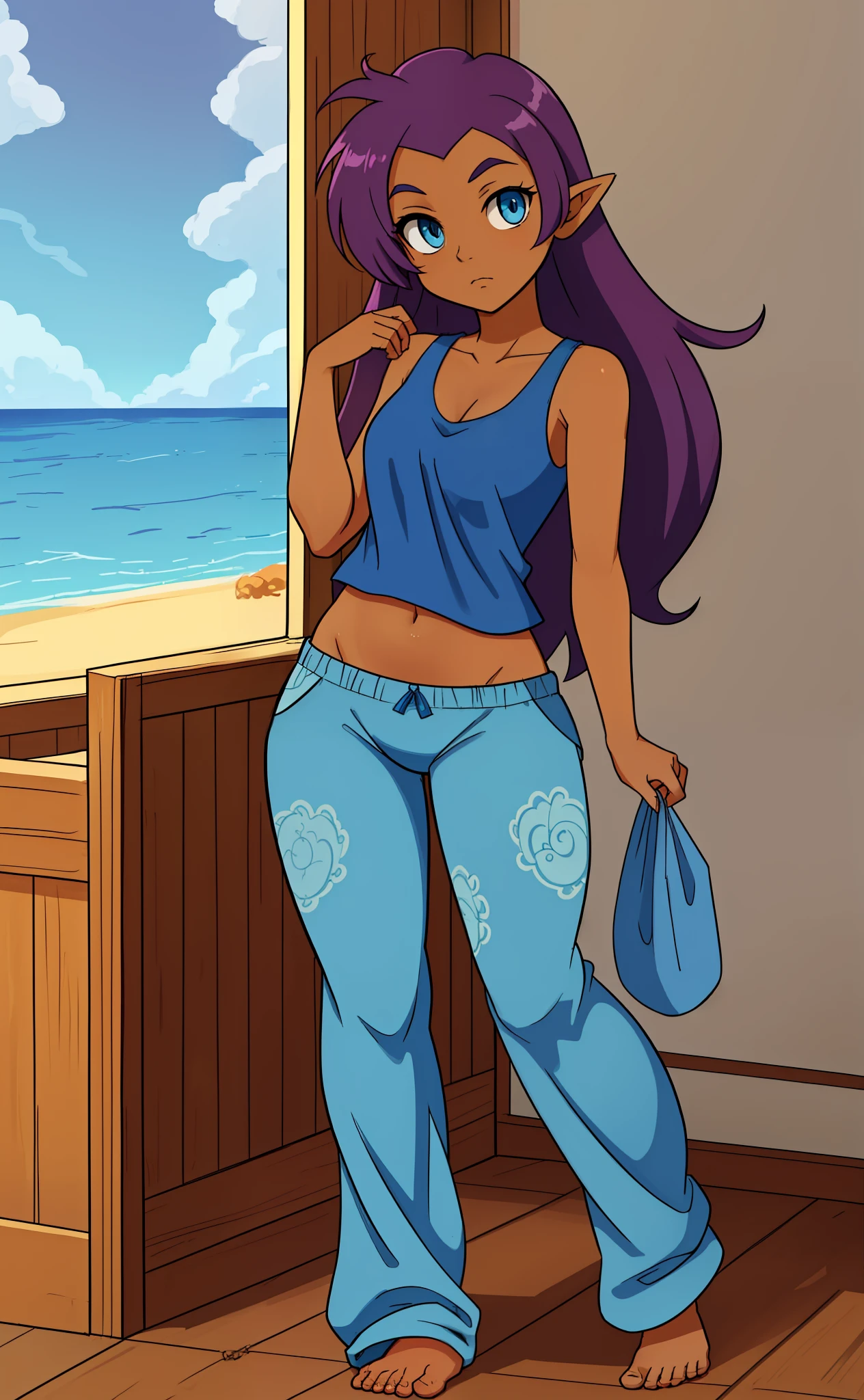 [Shantae], ((masterpiece)), ((HD)), ((highres)), ((solo portrait)), ((full body)), ((front view)), ((feet visible)), ((detailed shading)), ((intricate details)), {attractive girl, (dark skin tone), (brown skin), (long messy purple hair), (cute blue eyes), (curvy hips), (beautiful feet), (expressionless)}, {(light-blue tank top), (navel), (baggy light-blue pajama pants)}, {(walking), (looking at viewer)}, [background; (living room), (window), (beach), (beautiful ocean), (blue sky), (sun rays)]