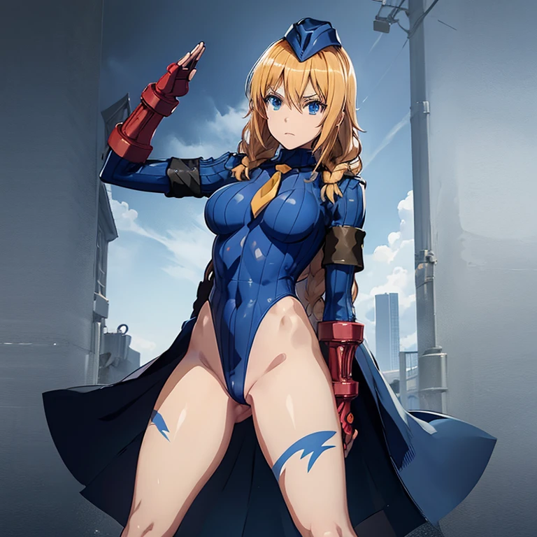 ultra-detailed, Explicit, Beautiful body, Beautiful Nose, Beautiful character design, perfect eyes, perfect face, ultra highres, 4K, beautiful legs, perfect legs, Nice hands, Perfect hand, Masterpiece, Best Quality, Highly detailed, illustration, absurdres, street fighter, doll suit, shadaloo doll, dollsuit, expressionless, blank eyes, looking at viewer, red gloves, emotionless, black latex, corrution, mind control, female combatant, full body, hypnotized, unhappy trance, full body suit, ribbed bodysuit, both arms at side, obey, perfect female body, extremely glossy latex, hypnosis, hypnoLora, empty eyes, Mind control device, poses, submissive_pose, Slave, hat, necktie, stand up straight, standing, standing at attention, hat, necktie, belt, latex, ribbed bodysuit, thighhighs, garter belt, Fighting Stance, extending the right arm from the shoulder into the air with a straightened hand, saluting, military, military saluting, salute, thigh boots, 1girl, Long hair, braid, Danchou Arthur, hangyakusei Million Arthur, blue eyes