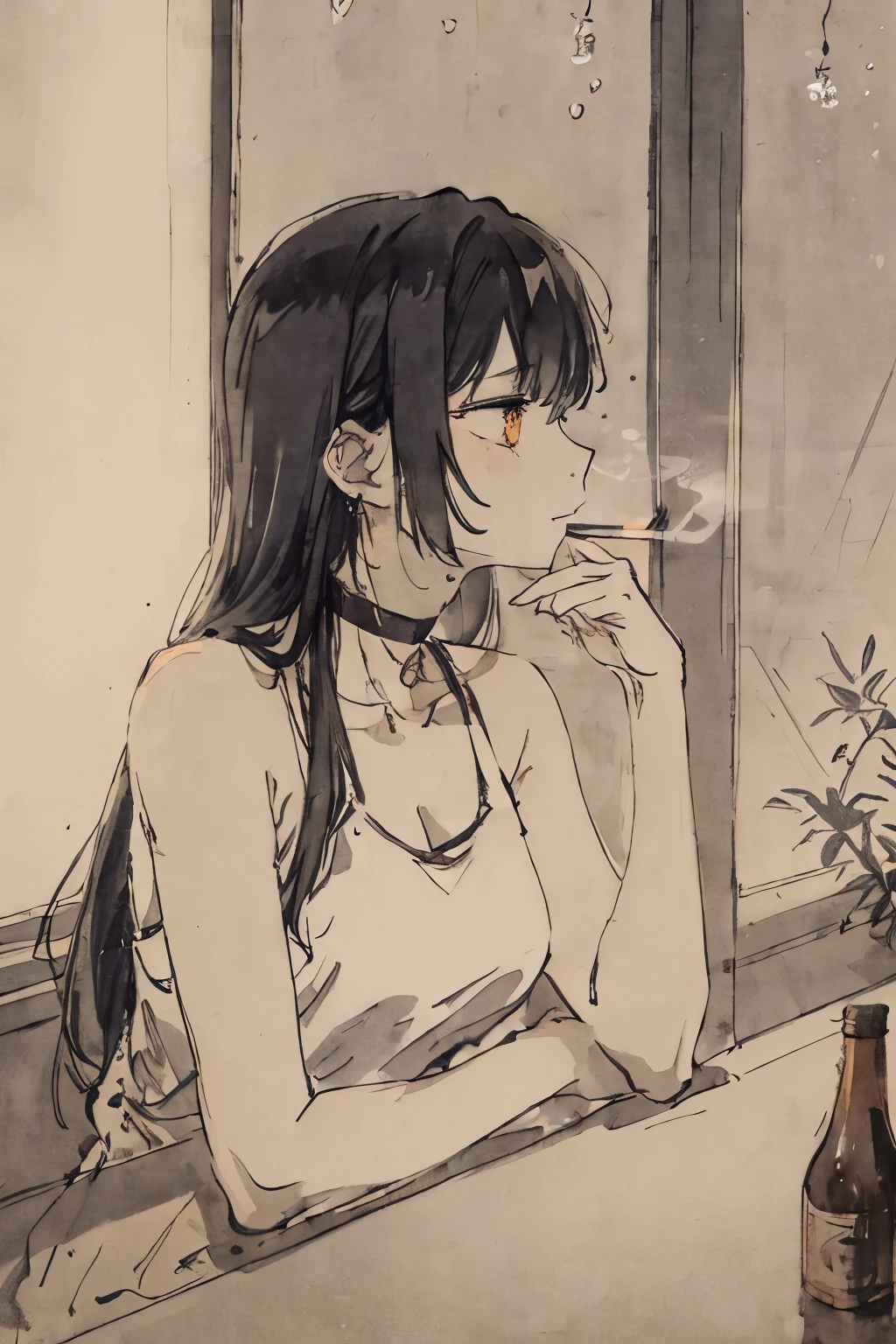 natta、condominium、A woman in a tank top sitting by the window、Tired、smoking tobacco、natta景、buliding、nattaの街、dark ambiance、neons、TOKYOcty、profile、独奏、Water droplets on the window、Sateen、beer、modern