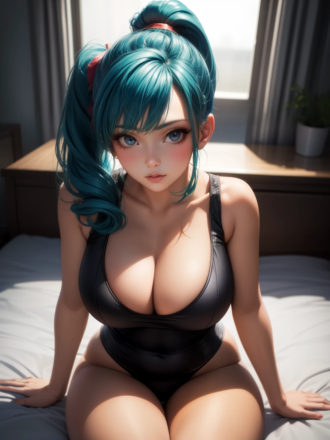 1girl, masterpiece, realistic, Bulma, face zoom, perfect makeup, eyelashes, sitting on bed, bedroom, ponytail hairstyle, large breasts, hourglass body, defined thick thighs, eyes at viewer, focus on face, view from above,