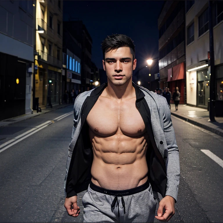 Un joven lobo de pelaje gris claro caminando en la noche, through more streets of the city, cuando ve la luna llena, empieza a crecer ganando masa muscular mientras su ropa se desgarra