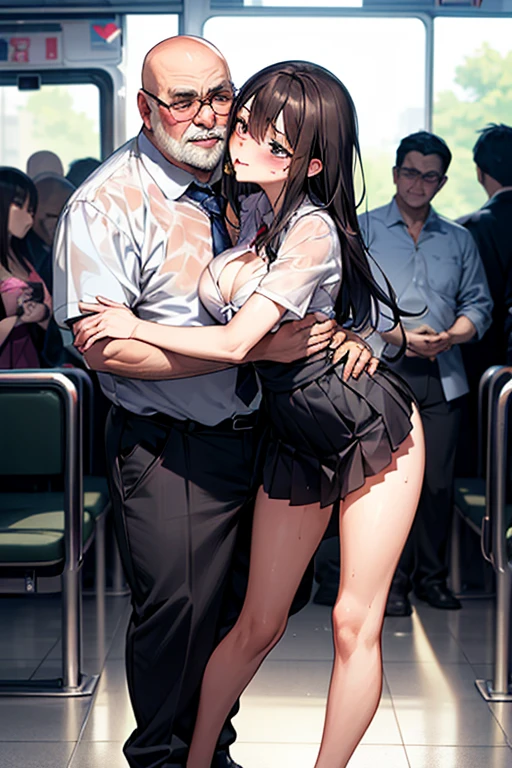 Crowded train, girl, fat bald man Hugging her from the front talking with mouth and lifting her legs, Black Sexy Lingerie,, Pubic hair visible, 40k, Photo, masutepiece, Best Quality, dark grey background, (with one girl's immediately open legully open legs with Big breasts, An older man leans towards her、Pick it up and take various poses., Blushing, Troubled eyebrows, Rough breath, gritted teeth, Burning face, heart pupils, full of sweat, Full body wet, Black hair, Long hair, Knee bending, Reluctance, Watery eyes, Big, soaked, Small, slender, White shirt, tie, pants visible through Short pleated skirt, Slouch, slender, Short pleated skirt, Slouching, Hands on chest, crotch open, obscenity, Kissing, Hugging, Tongue sucking, legs tied around waist, cowboy shot touch chest, Hands on the crotch,
