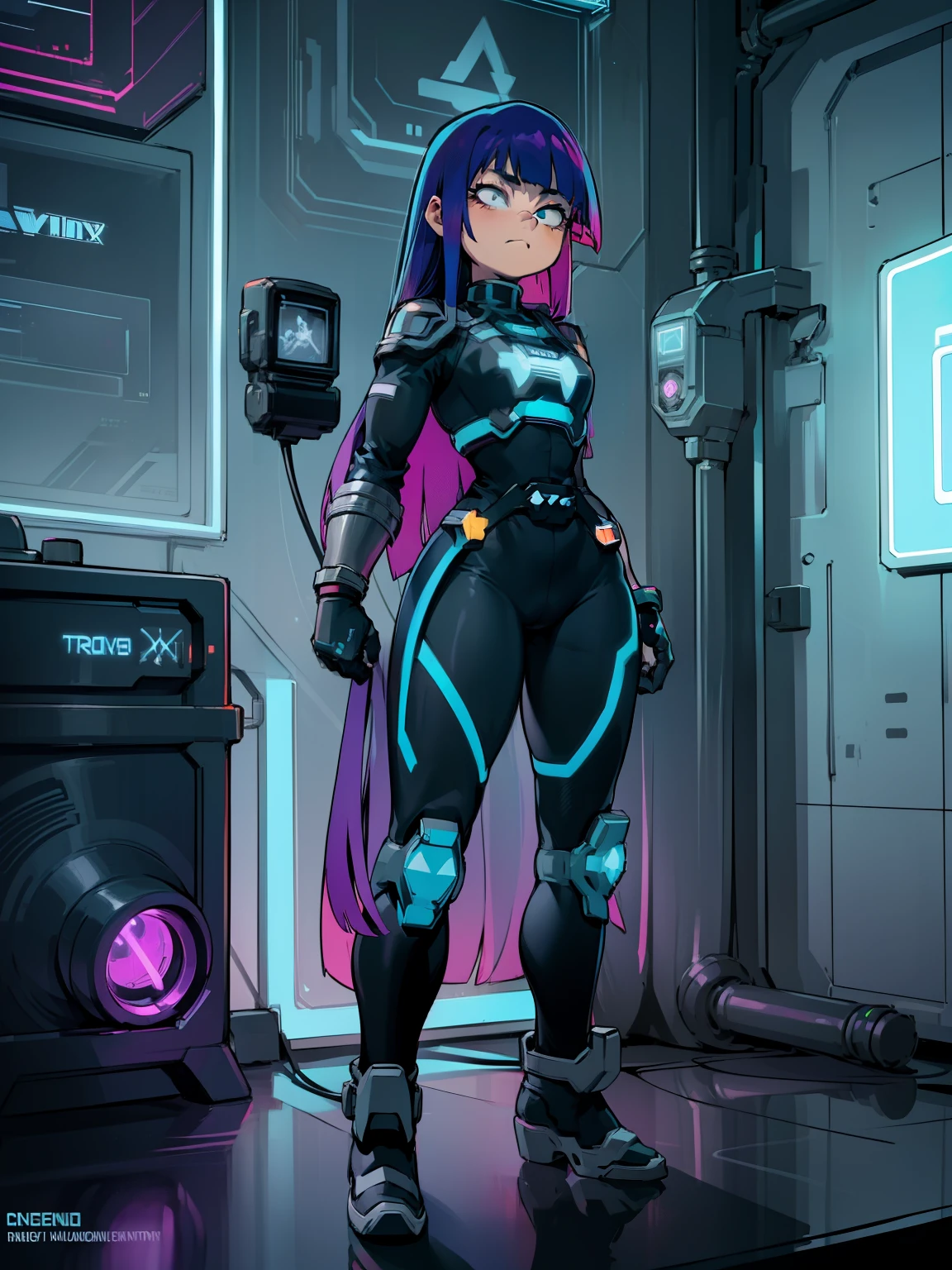 (((My Hero Academia Style))), 1girl, Female, Miko Kubota, Long hair, Violet blue hair with magenta shine, hime cut, light complexion, neon blue eyes, medium breast, long hips, round hips, wide hips, thick thighs, wide thighs, ((TRON Legacy Style)), black tight full body wetsuit, tight wetsuit, black wetsuit, full body wetsuit, tight black wetsuit, tight wetsuit, black wetsuit, Wetsuit, ((Glitch Tech Series Style)), Silver Tech Armor with Neon Blue Light, Silver Shoulder Pads Armor with Neon Blue Light, Silver Bracers Armor with Neon Blue Light, Silver Breastplate Armor with Neon Blue Light, silver knee pad armor with neon blue light, silver knee pad armor with neon blue light, (Full Body Photo: 1.5), Perfect Anatomy, Perfect Hands, super detailed, standing, standing pose, cowboy shot , cowboy shot pose, looking at viewer, neon light in the background, glitch lights in the background, neon glitches in the background,