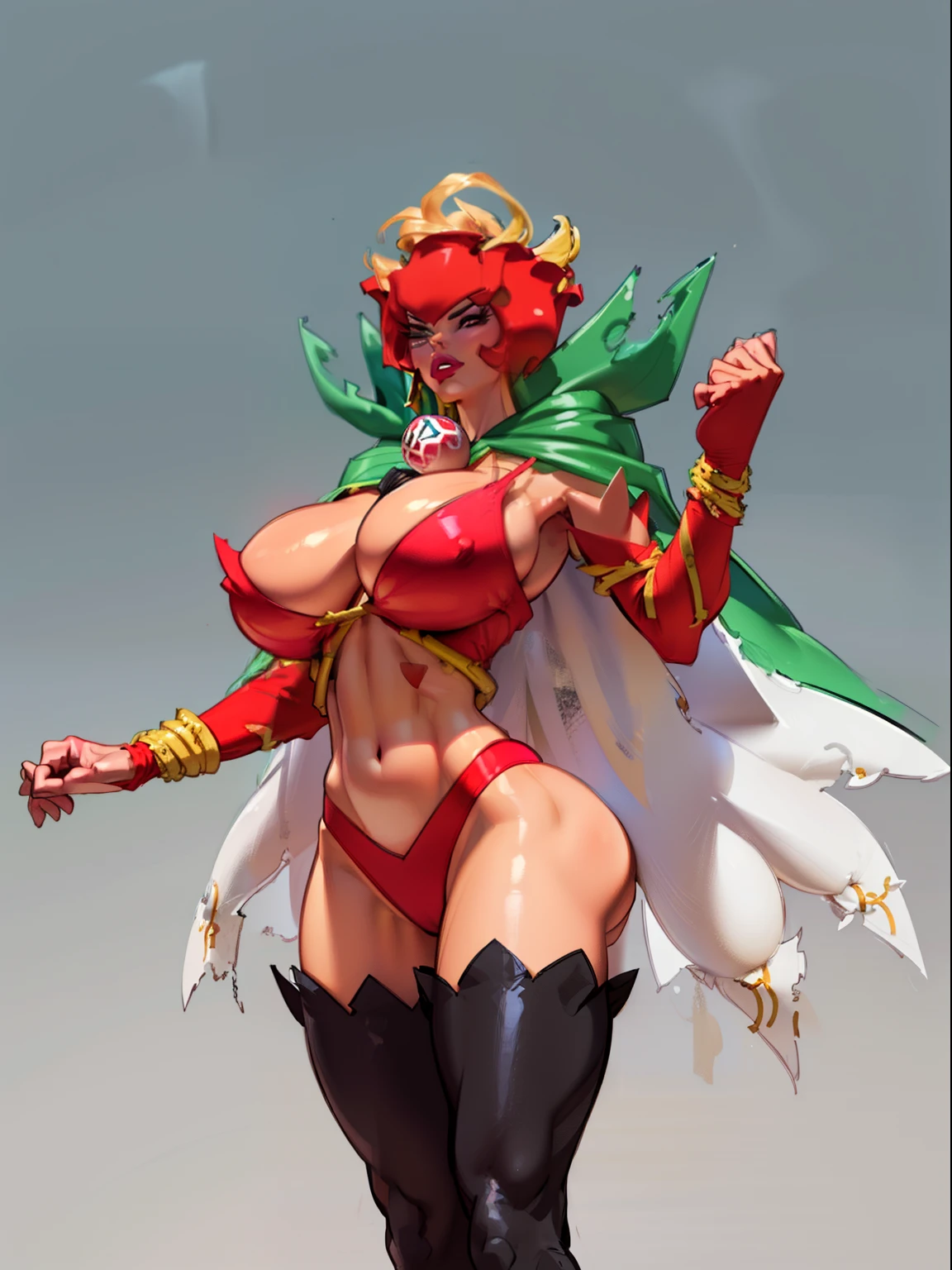 (View from above:1.2), ((back view:1.5)), perfect ass, Eyes covered, woman, rosemon , ((dust particles)), holding hands together, adorned in ((red leotard)), ((twerking)), muscles, emanating a medieval elegance and marvel, green cape, (black thigh highs), blonde hair, (red bra),, ((bikini:1.4)), exposed midriff, (puffy lips:1.3), detailed eyes, ((slendered abs:1.2)),(((gigantic breasts:1.5))), wide hips, (puffy lips:1.5), slender abs,rim lighting, side light, (((cinematic light))), ultra high definition, 8k, film grain,best shadow, light particles, detailed skin texture, detailed armor texture, detailed face, intricate details, super detailed, bright