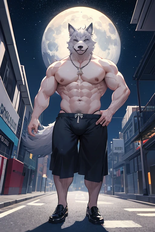 Un lobo de pelaje gris claro caminando tranquilamente por las calles de la cuidad, siendo de noche pero al ver la luna llena, este comienza a crecer en musculatura, rasgando su ropa, becoming a stud with a huge character bulge: legoshi serie: Beastars