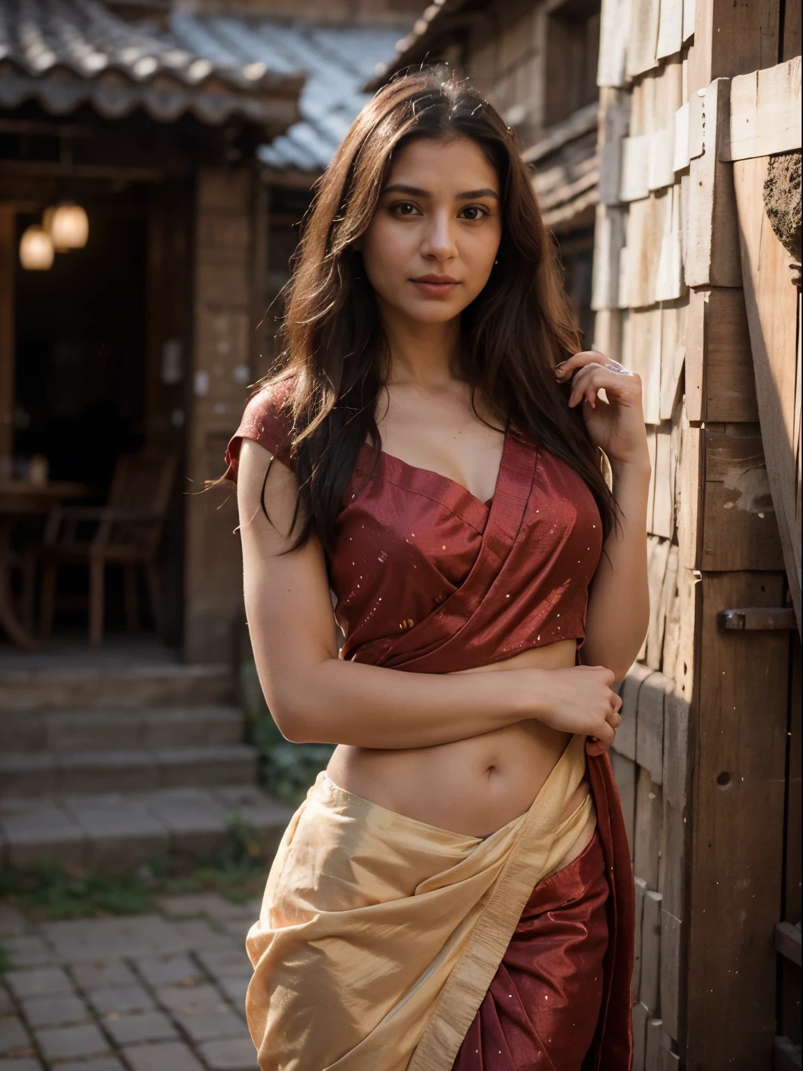 "Generate an image of a woman in her mid-30s, with a realistic and natural appearance, confidently wearing a traditional sari. Ensure the lighting and background capture the cultural richness of the attire while maintaining a lifelike and authentic representation."