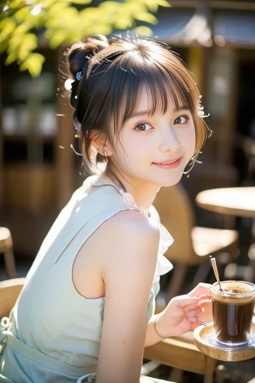 ((masterpiece))), (((Full body photo))), (One beautiful Japan girl, classmates, landscape and innocence,kawaii) ,超A high resolution, Realistic, ultra-detailliert, 8K,top-quality, Extremely detailed, A slender,very beautiful japanese girl, Detailed face:1.3), (Bery short hair,I tied her hair in a bun.A dark-haired :1.4), (a baby face,kawaii系,adorable 14 year old beautiful girl), (Perfect body:1.1),(Perfect fingers), (best fall fashion), Cute and innocent look,Show your beautiful teeth,Wonderland, sexy pose,rosy cheeks, Sparkling eyes, kawaiiポーズ, ((Inside the coffee shop))、cute cake on the table、slow steamed coffee、soft afternoon light、Wrapped in the soft light shining through the window、gentle and delicate lighting, Pastel color palette, dreamy ambiance, Magical, Vivid colors, Bokeh,