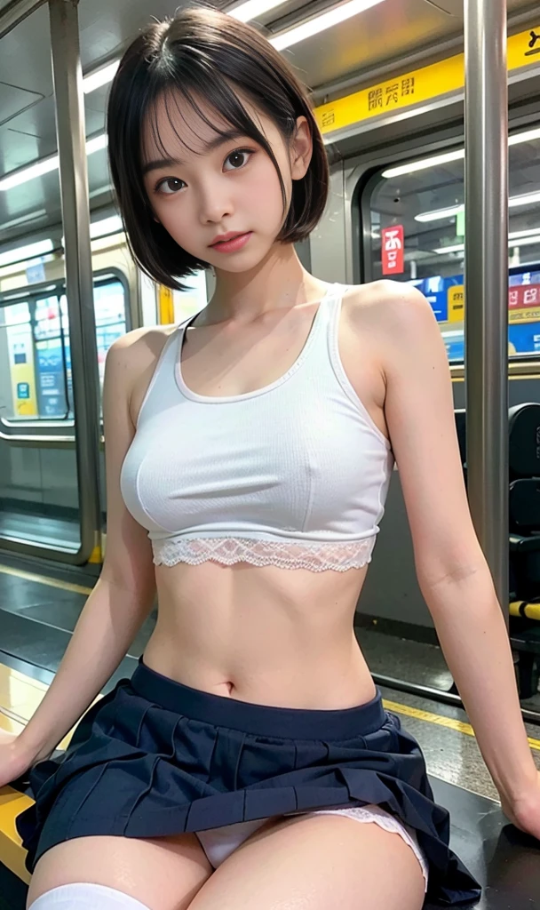 (masutepiece, Best Quality:1.2), 8K, Official art, Raw photo, unbelievable Ridiculous, (Upper body, (white crop tank top gym, white lace fabric panties, mini blue skirt), serafuku, sitting:1.4, (skirt lifting), Beautiful Girl, Idol face, arching back down, large full breasts, (thinwaist), thighs thighs thighs thighs, Stockings, close up, (School uniform), Short sleeve, gardenia, violaceass (train subway station), Looking at Viewer, No makeup, Film grain, chromatic abberation, Sharp Focus, face lights, Dynamic lighting, Cinematic lighting, Detailed face, Bokeh background