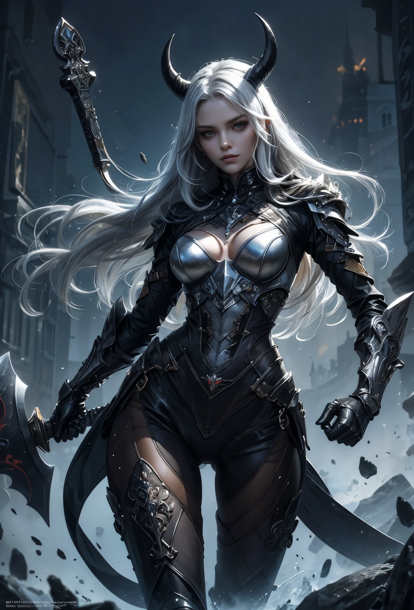 (Detailed illustrations,Very detailed and detailed drawing,Delicate lines with slow and rapid,Realistic texture expression),[Color tressed main line],(Fantasy World Battlefield Background [Burning castle]),(GIRL ROBOT 15yo (White Devil [METALFACE] (SKINNY)) [WEAPON MACHINE][milkyW],[BODY with EDGE [Transparent material]],[use an ax as a weapon],[[Mobile Weapon Gigant Size][Science Fiction Mechanical]],(Pearl luster on the body surface),(Intricate and beautiful decoration [Dense detail]),(Precisely drawn face)[Perfect eye details(Iris beautifully drawn in every detail)[Jewel-like eyes]],[long and beautiful eyelashes],[Meticulously drawn hair [More on beautiful and shiny hair]],(Perfect hand details [Beautiful fingers without breakdowns [Beautiful nails]]),(Perfect Anatomy(Perfectly proportioned))[[Full body like]],[Ideal color coordination(Accurate simulation of light-material interactions)],[Visual art that conveys a sense of narrative].