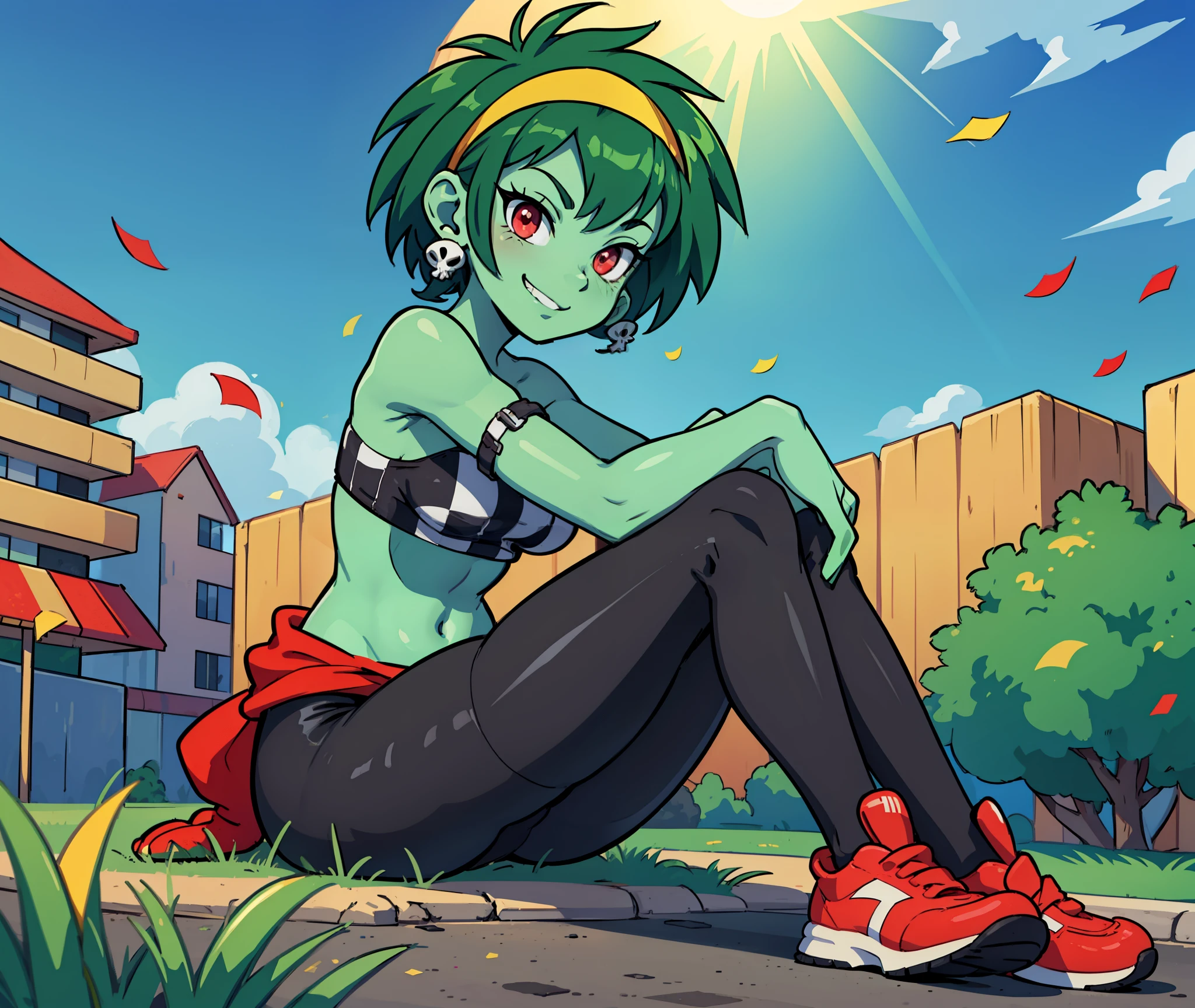 [rottytops], ((masterpiece)), ((HD)), ((highres)), ((detailed shading)), ((solo portrait)), ((full body)), ((front view)), ((feet visible)), ((anime)), ((beautiful render art)), ((intricate details)), {(slim body), green skin, short green hair, (cute red eyes), (short eyelashes), (beautiful legs), (smug grin)}, {(checkered bandeau), (midriff), (black yoga pants), red sweatshirt tied around waist), (yellow sneakers), (yellow hairband), (skull earrings)}, {(Sitting on ground), (looking at viewer)}, [background; (raceway), (race track), (road), (confetti), (blue sky), (sun rays), (ambient lighting)]