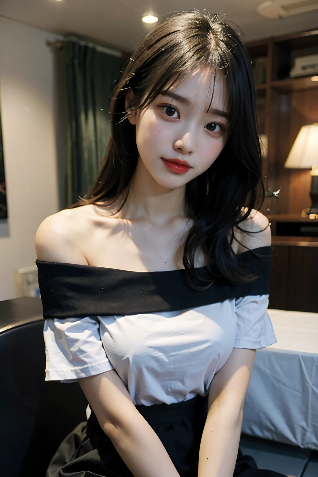 yuyao，Best quality，超高分辨率，（Realistis：1.4），1 girl，Off-shoulder white shirt，Black tight skirt，black with gray hair：1），（humongous large breast：1.2），looking at viewert，close up，