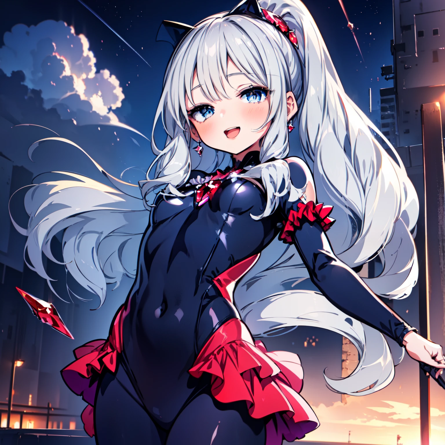 (1girl, solo), HotaruHiraiwaR4, grey hair, grey eyes, long hair, very long hair, (small breast:1.2), (Bad_End_Precure, Bad_End_Happy, frilled bodysuit, cure_happy, red gems,) looking at viewer, happy smile, laugh, open mouth, seductive pose, standing, fighting, fly, magic, night, outdoors, sky, cloud, (masterpiece:1.2), best quality, high resolution, unity 8k wallpaper, (illustration:1.5), anime style, (beautiful detailed eyes:1.6), extremely detailed face, perfect lighting, extremely detailed CG, (perfect hands, perfect anatomy), (dynamic pose, dynamic angle:1.1),