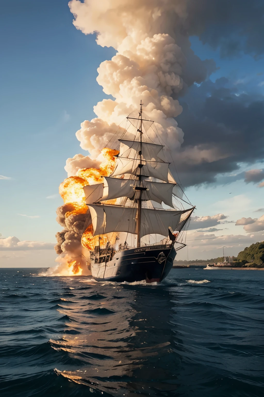 a ship sailing in the middle of a fire on water . cinimatic scene, realistic scene