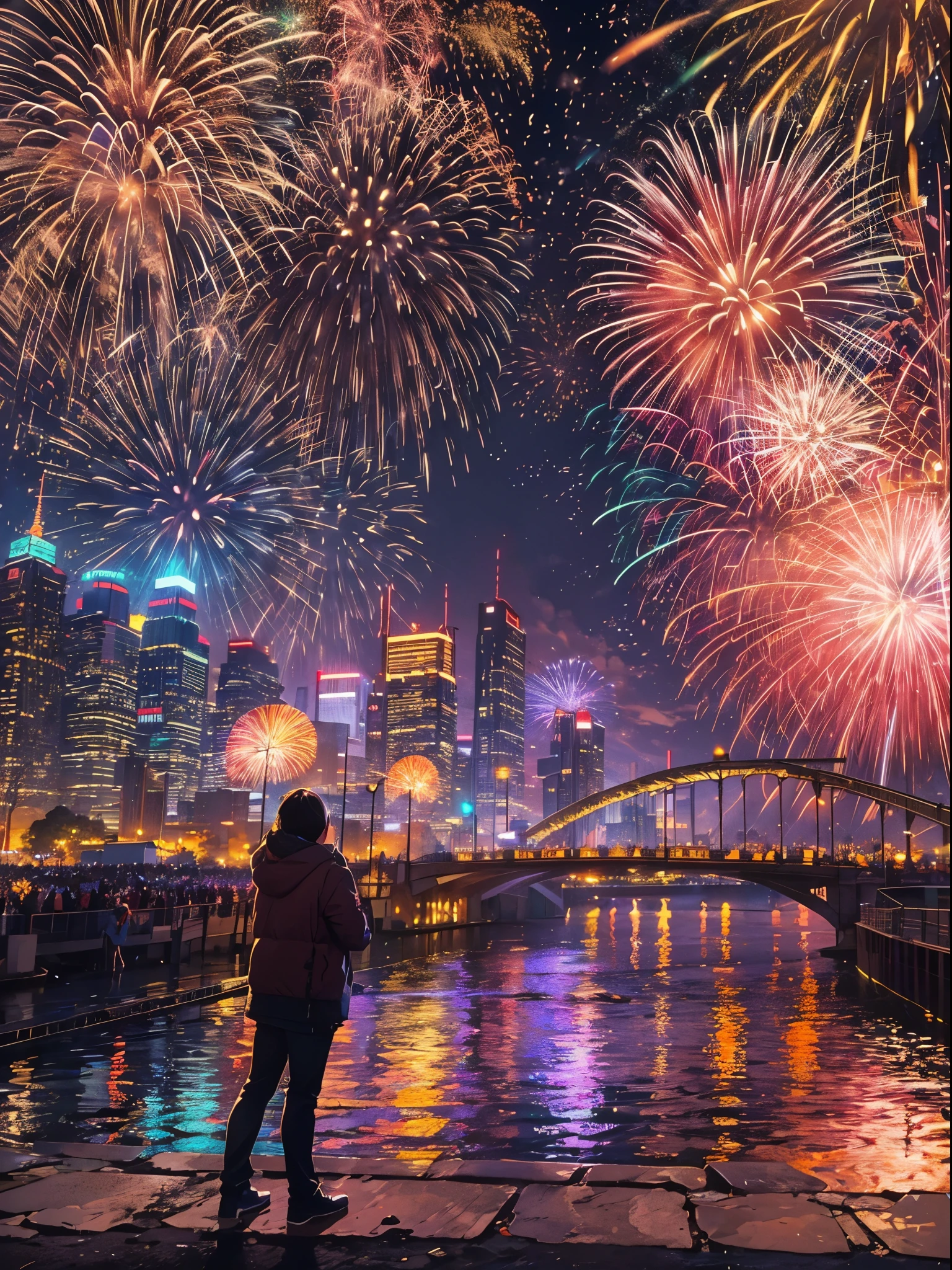 A stunning photo captures this wonderful New Year's Day display,nigh sky,Sparkling fireworks,gorgeous color,flowers in full bloom,Galaxy River,city night scene,Couples embrace,Watch the fireworks,,Professional cameras,wide wide shot,Small aperture,shutter speed,ISO settings,Detail and color reproduction,Angle and focus adjustment、Sturdy tripod、remote control、Grand celebration、brilliant colorful、Joyful mood、Fireworks explode、Festive atmosphere、permanent memory