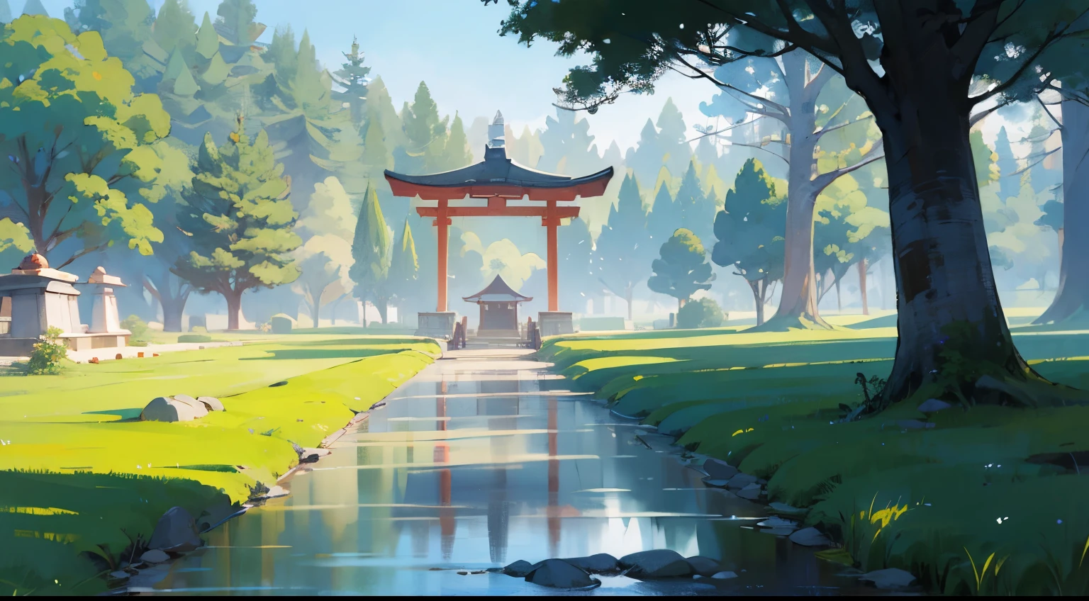 landscape illustration　Anime painting Luxury temple in the forest Tomb Torii Mystical Lake