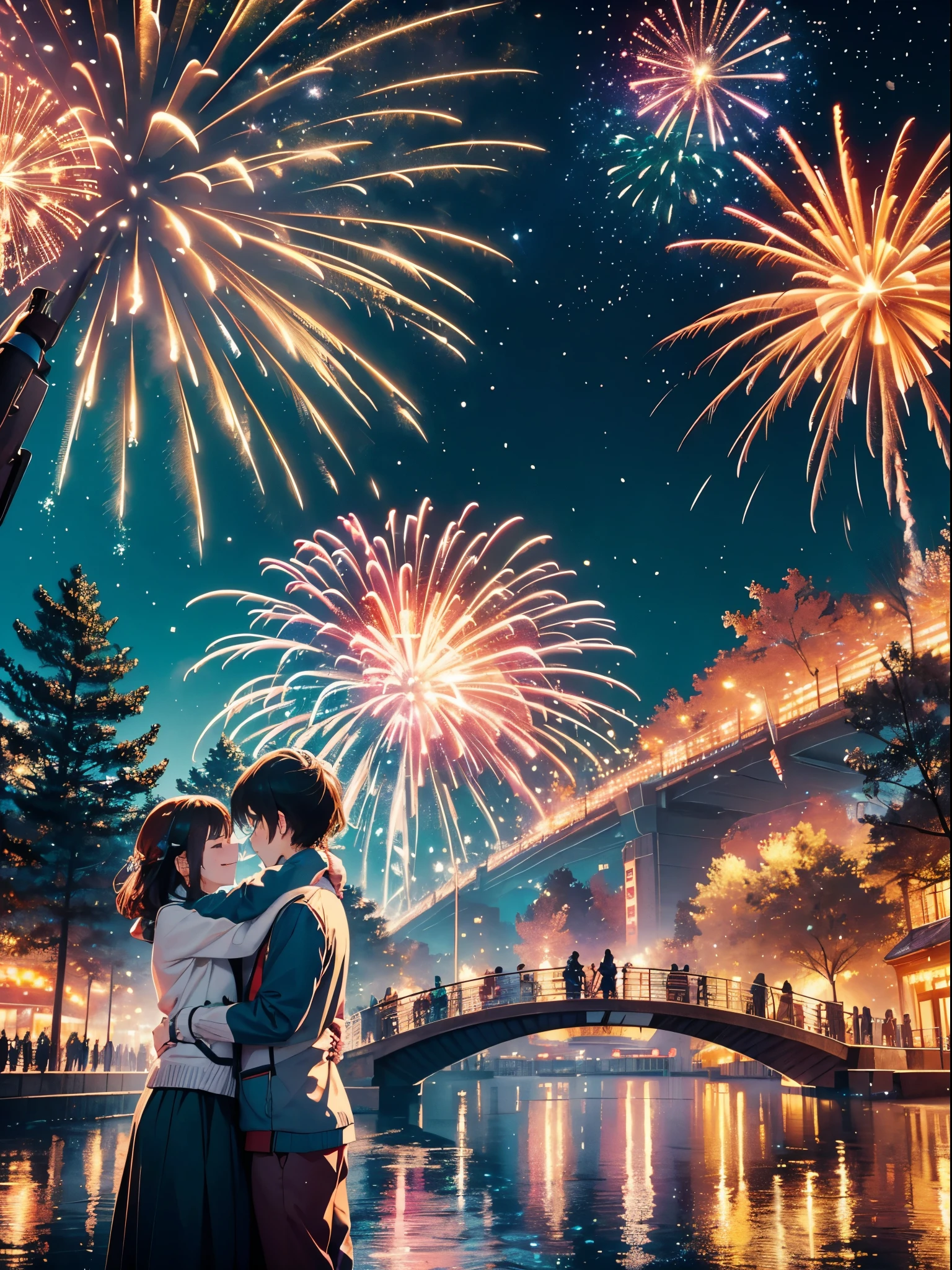 A stunning photo captures this wonderful New Year&#39;s Day display，，gorgeous color，crowd of，at winter season，Galaxy River，city night scene，(1 male and female couple hugging each other，Watch the fireworks)，Professional cameras，wide wide shot，Small aperture，shutter speed，ISO settings，Detail and color reproduction，Angle and focus adjustment、Sturdy tripod、remote control、Grand celebration、brilliant colorful、Joyful mood、Fireworks explode、Sparkling fireworkestive atmosphere、permanent memory