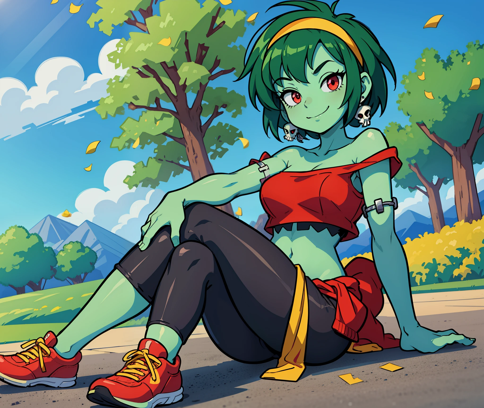 [rottytops], ((masterpiece)), ((HD)), ((highres)), ((detailed shading)), ((solo portrait)), ((full body)), ((front view)), ((feet visible)), ((anime)), ((beautiful render art)), ((intricate details)), {(slim body), green skin, short green hair, (cute red eyes), (short eyelashes), (beautiful legs), (smug grin)}, {(checkered bandeau), (midriff), (black yoga pants), red sweatshirt tied around waist), (yellow sneakers), (yellow hairband), (skull earrings)}, {(Sitting on ground), (crossed legs), (legs spread open), (hands in lap), (looking at viewer)}, [background; (raceway), (race track), (road), (confetti), (blue sky), (sun rays), (ambient lighting)]