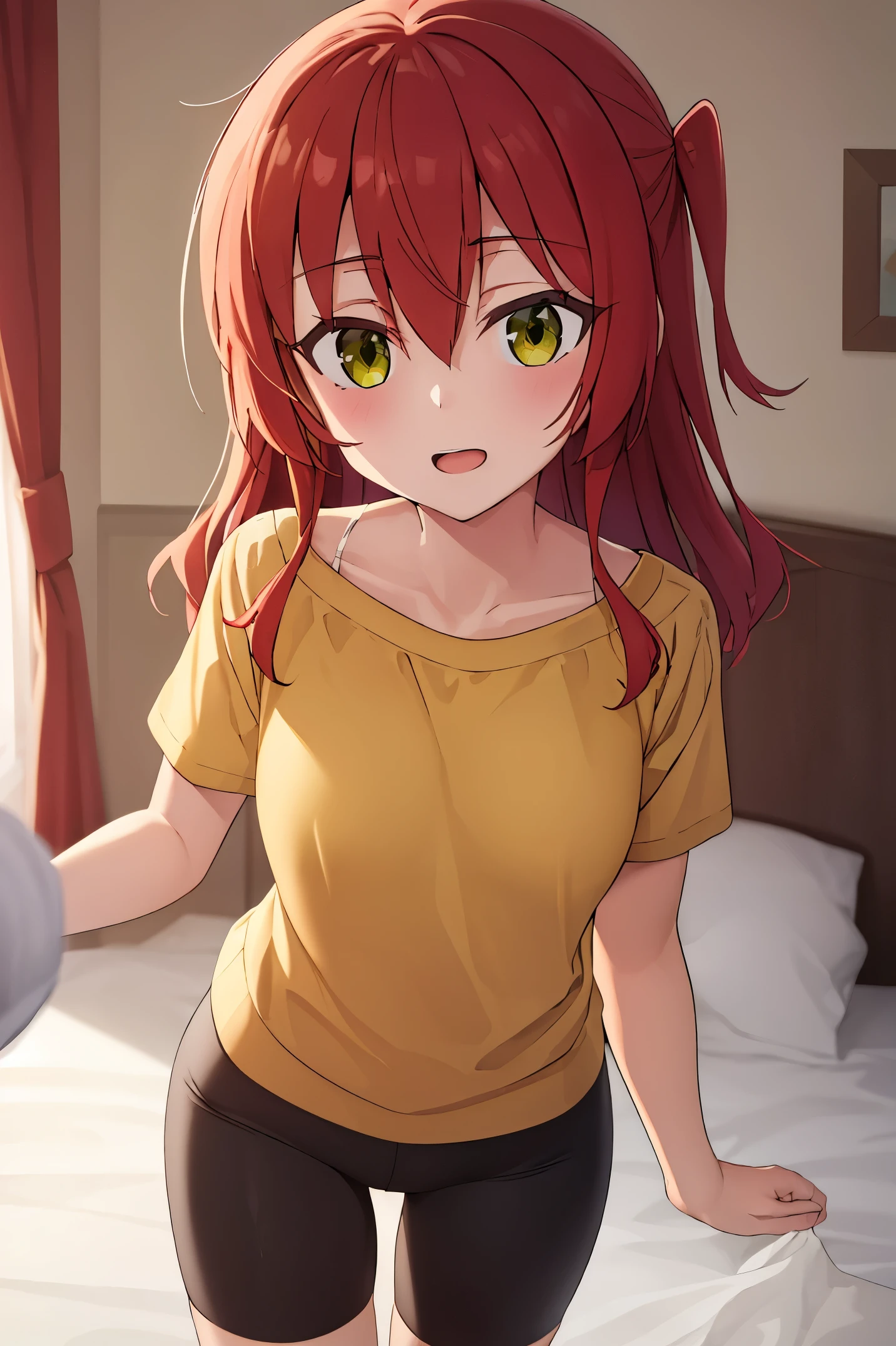 1 girl, best quality, ultra high res, long hair, red hair, green eyes, looking at viewers, small breast, standing, pov, slim body, loli body, small body, smile, open mouth, yellow shirt, short sleeves, bike shorts, bedroom, white bed sheets,