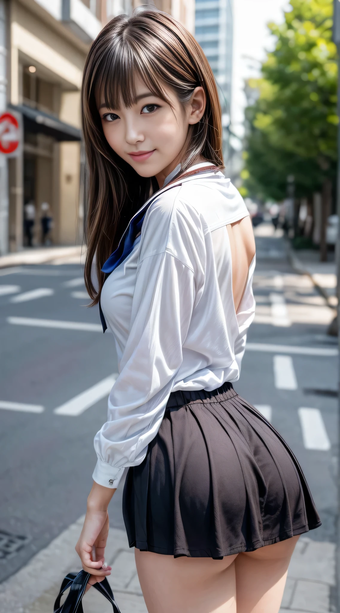 ((top-quality、8K、masterpiece:1.3))、foco nítido:1.2、Beautiful Women in Perfect Style:1.4、Slender Abs:1.2、((dark brown hair、Colossal tits:1.2))、(natural soft light、City Street:1.1)、Highly detailed facial and skin texture、A detailed eye、二重まぶた、Sexy schoolgirl in miniskirt sailor suit、A slight smil,Facing backwards,Wearing T-back panties,Sexy ass visible,emphasis on the buttocks